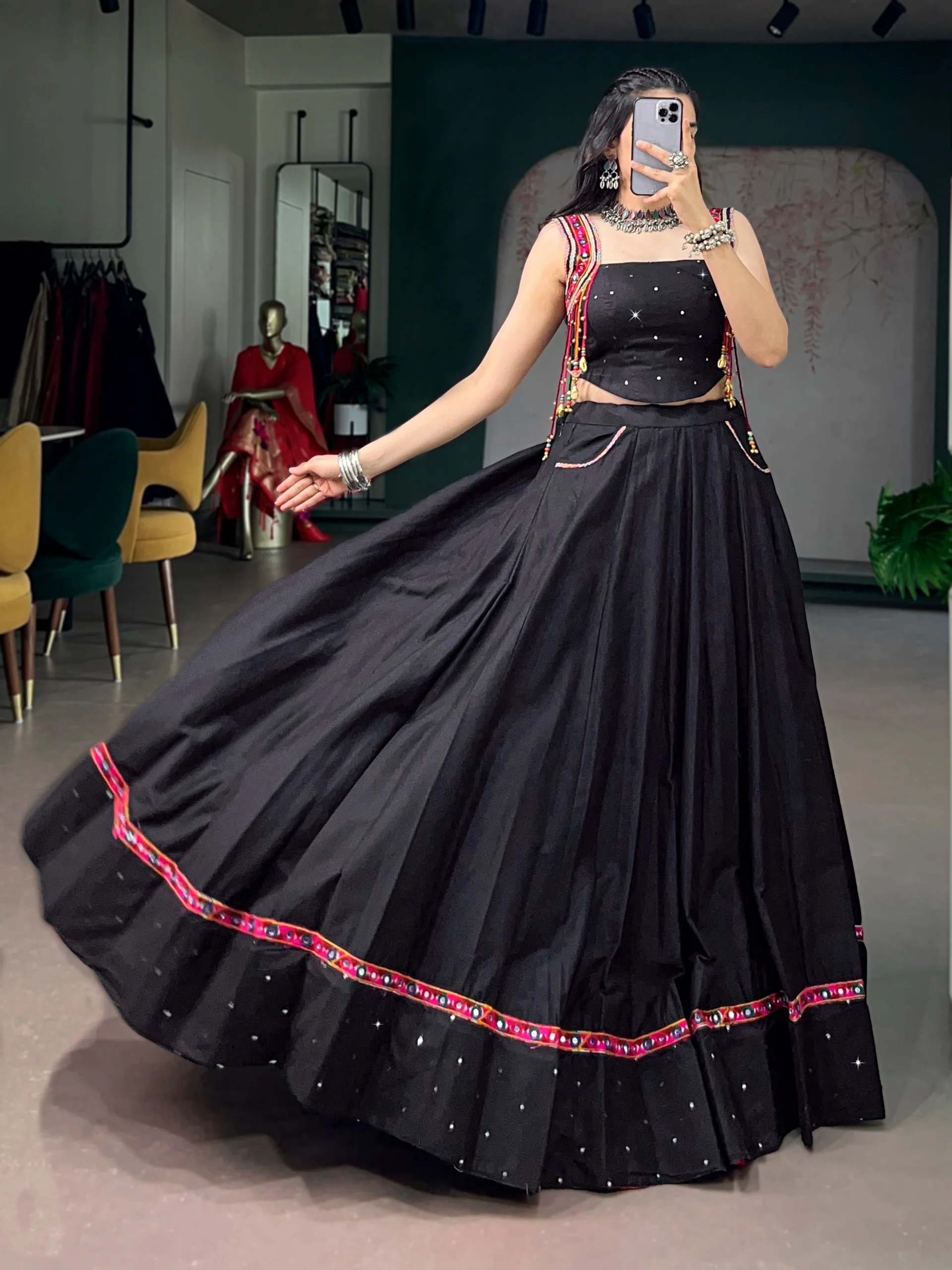 Traditional Black Kutchi Lace & Mirror Work Lehenga Choli for Navratri - Image 6