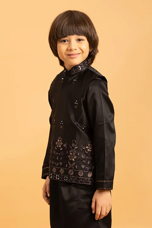 Traditional Black Mirror Work Koti Kurta Set for Boys - Image 2
