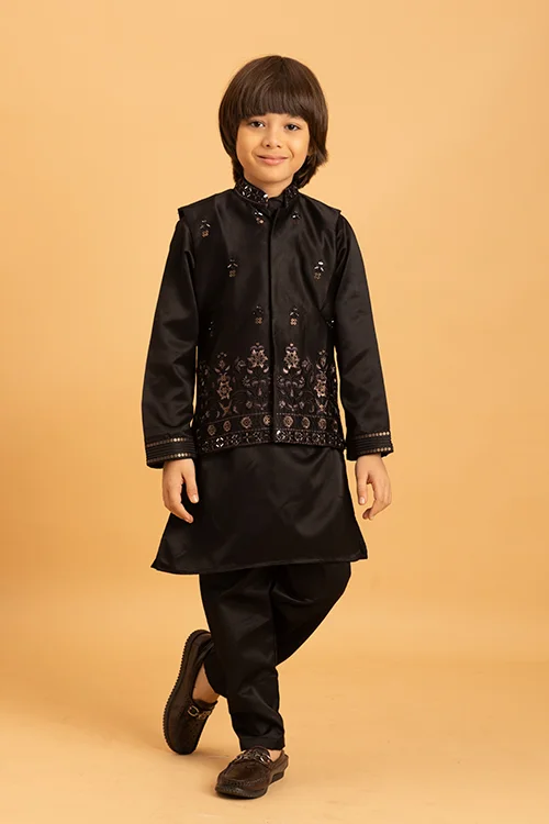 Traditional Black Mirror Work Koti Kurta Set for Boys - Image 3