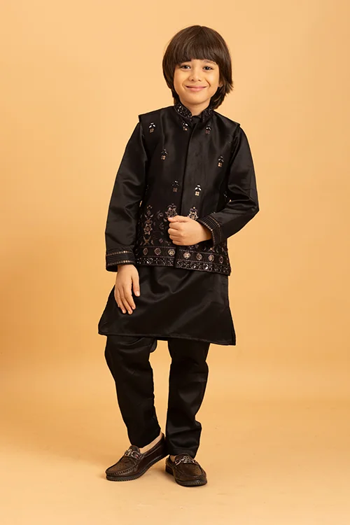 Traditional Black Mirror Work Koti Kurta Set for Boys - Image 5