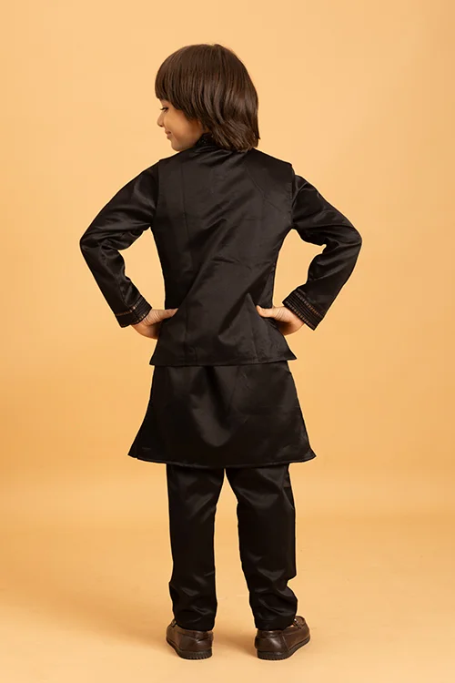 Traditional Black Mirror Work Koti Kurta Set for Boys - Image 6