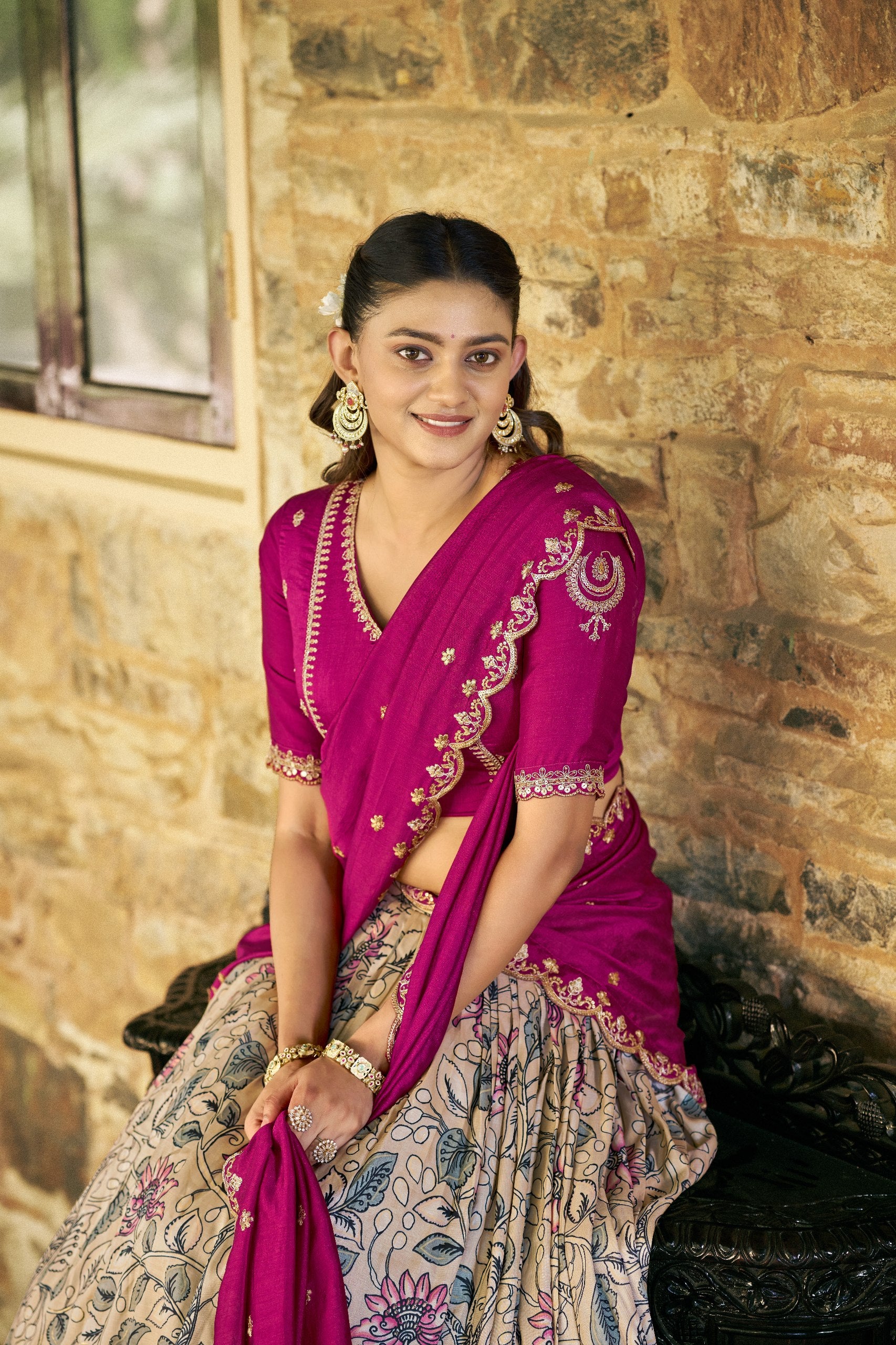 Traditional Cream Tasar Silk Printed Lehenga Set with Embroidered Dupatta - Image 2