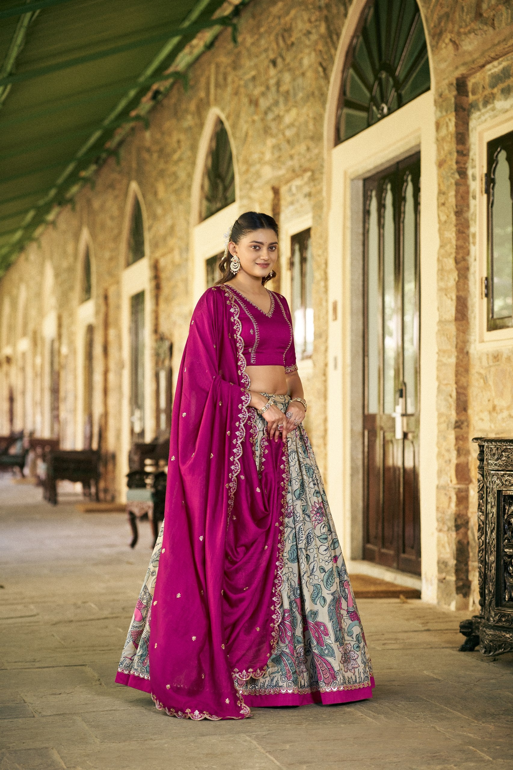 Traditional Cream Tasar Silk Printed Lehenga Set with Embroidered Dupatta - Image 3