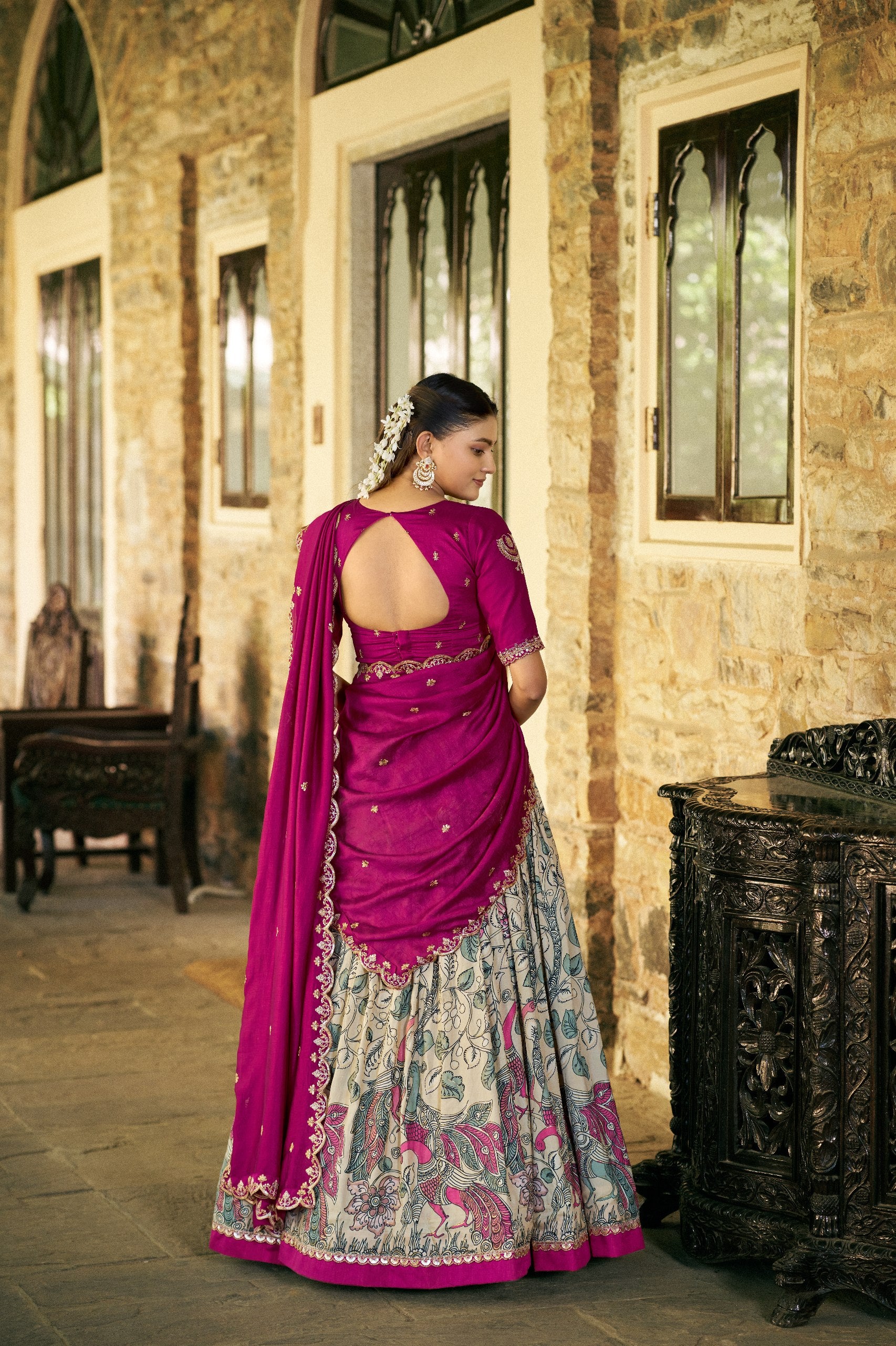Traditional Cream Tasar Silk Printed Lehenga Set with Embroidered Dupatta - Image 4