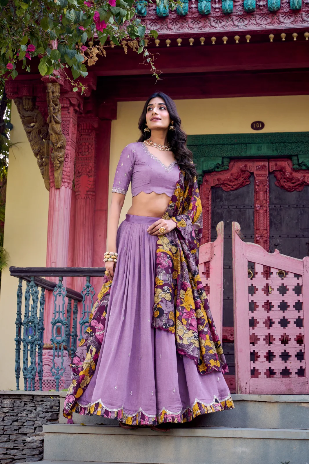 Traditional Glamour in Vichitra Silk Lehenga Choli with Kalamkari Dupatta - Image 7