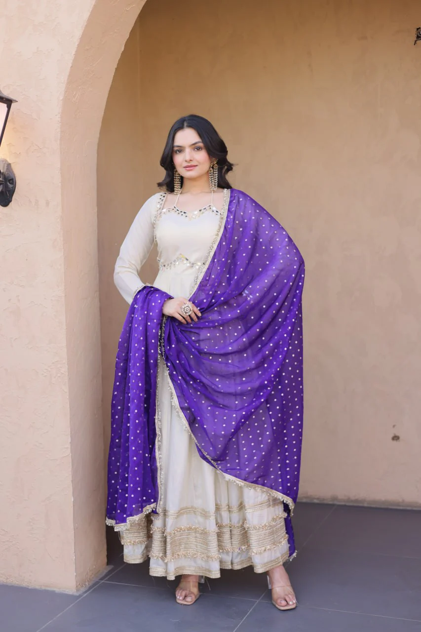 Traditional Mirror Work Cosmos Gown Set With Designer Lace Dupatta - Image 3