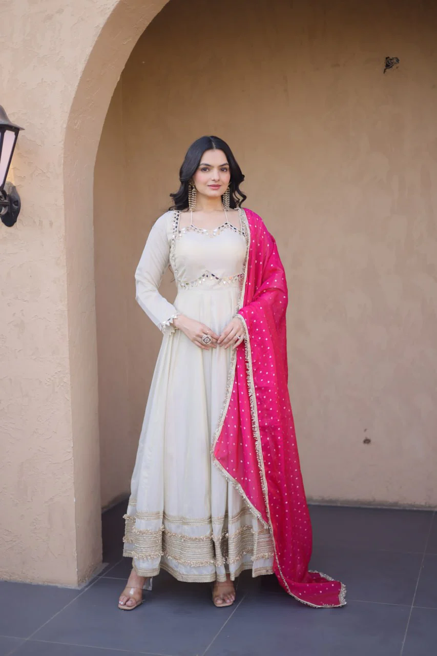 Traditional Mirror Work Cosmos Gown Set With Designer Lace Dupatta - Image 4