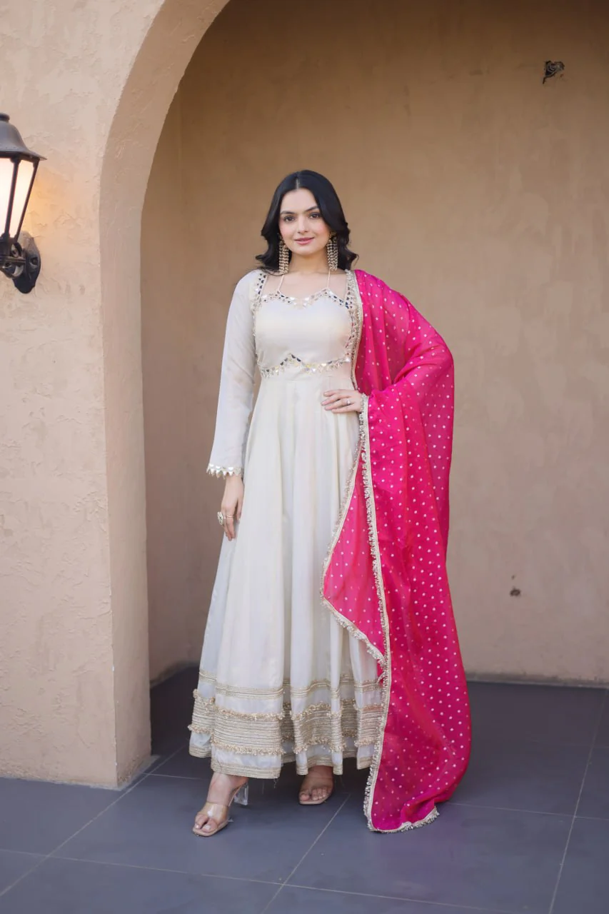 Traditional Mirror Work Cosmos Gown Set With Designer Lace Dupatta - Image 5