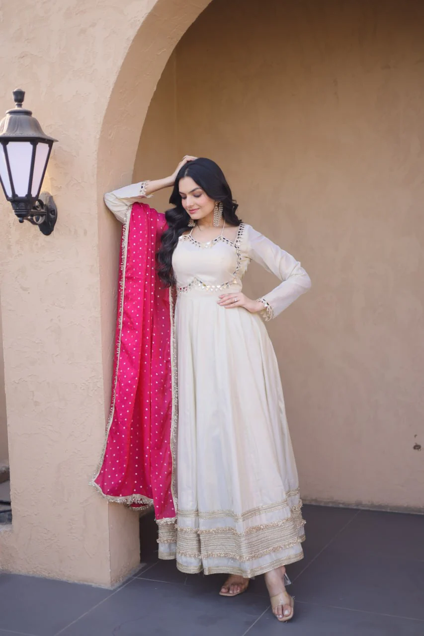 Traditional Mirror Work Cosmos Gown Set With Designer Lace Dupatta - Image 6