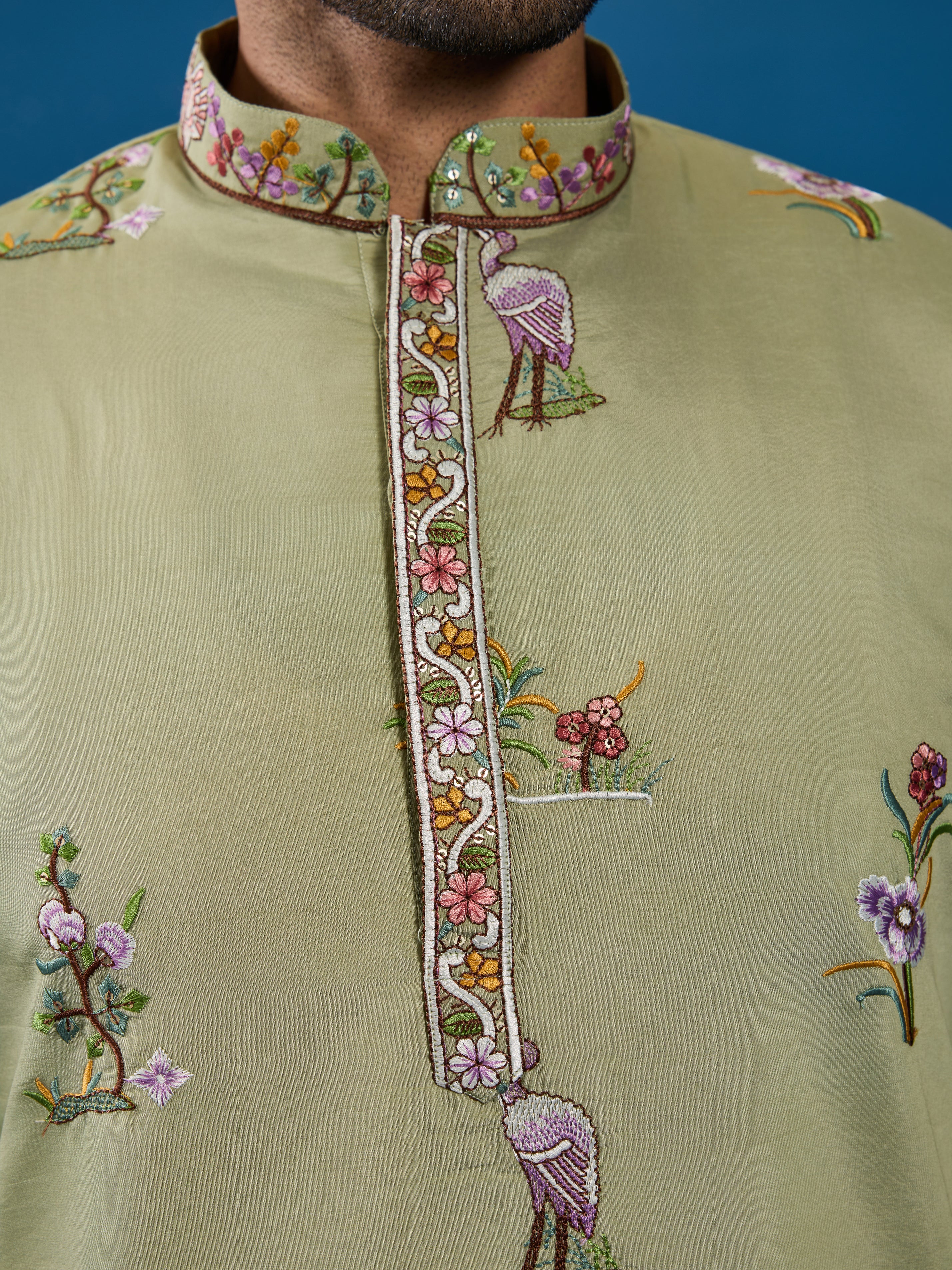 Traditional Pista Green Embroidered Kurta for Men - Image 3