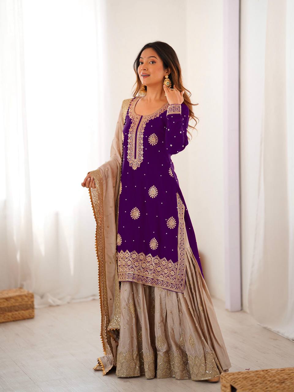Traditional purple Chinon Silk Sharara Suit with Rich Pearl Embroidery - Image 4