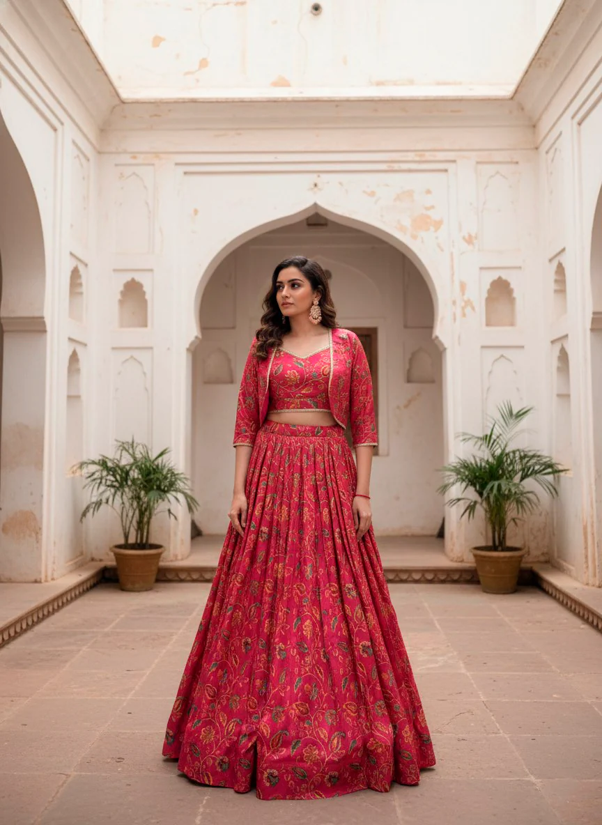 Traditional Red Tasar Silk Floral Print & Gota Patti Lehenga Choli Set