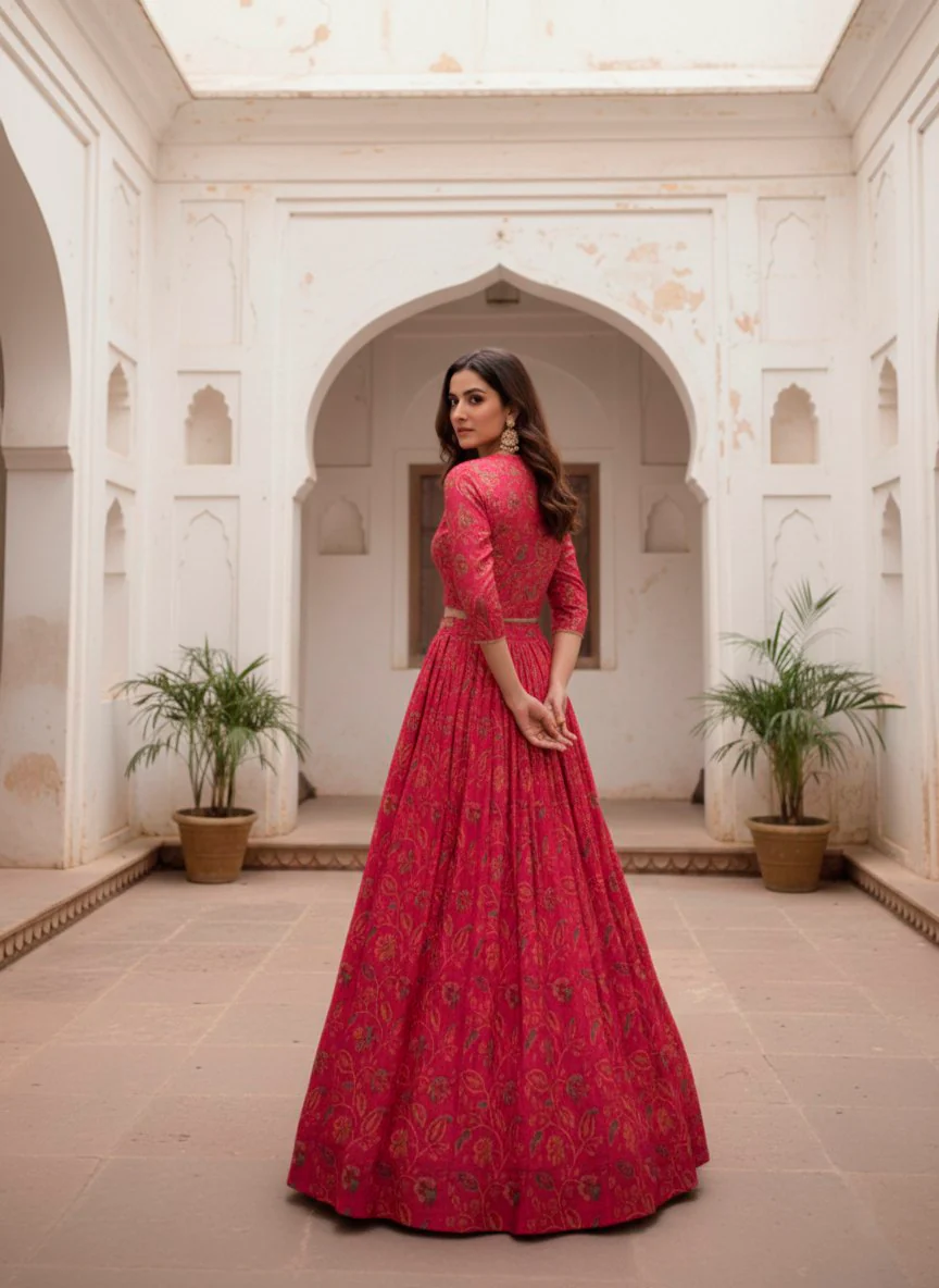 Traditional Red Tasar Silk Floral Print & Gota Patti Lehenga Choli Set - Image 4