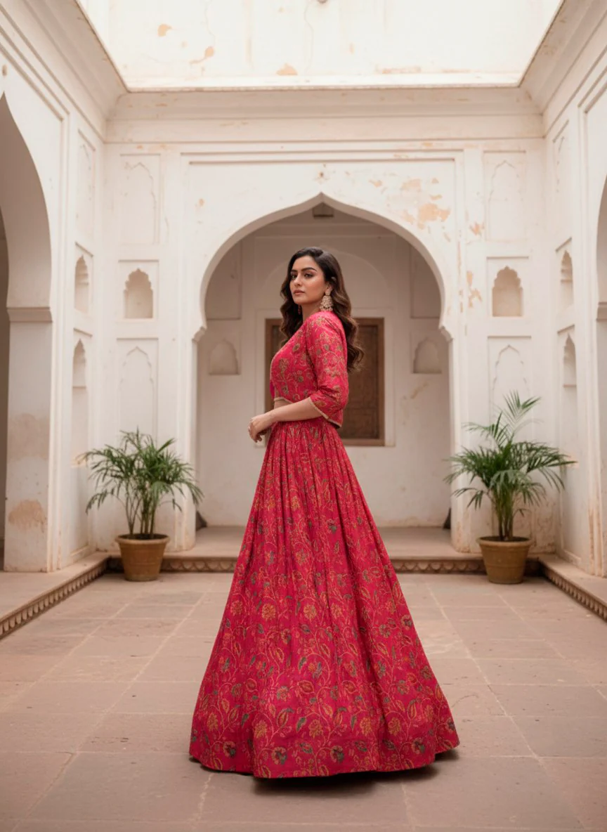 Traditional Red Tasar Silk Floral Print & Gota Patti Lehenga Choli Set - Image 5