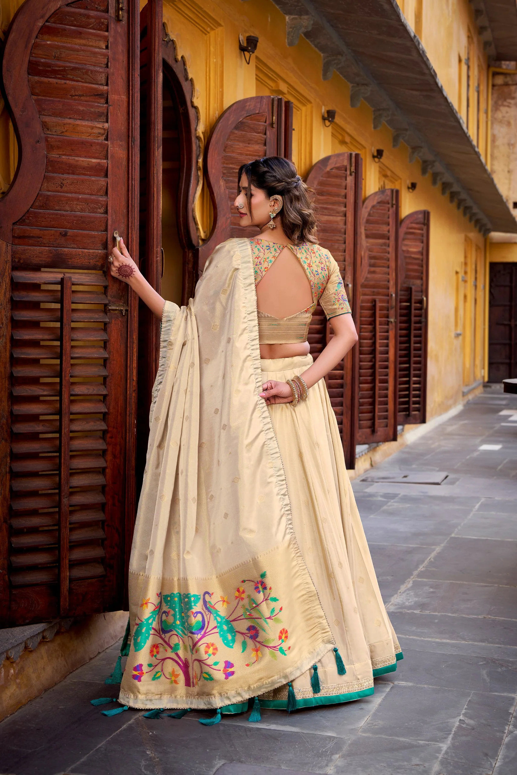 Traditional Shimmer Paithani Zari Work Lehenga Choli Set - Image 3