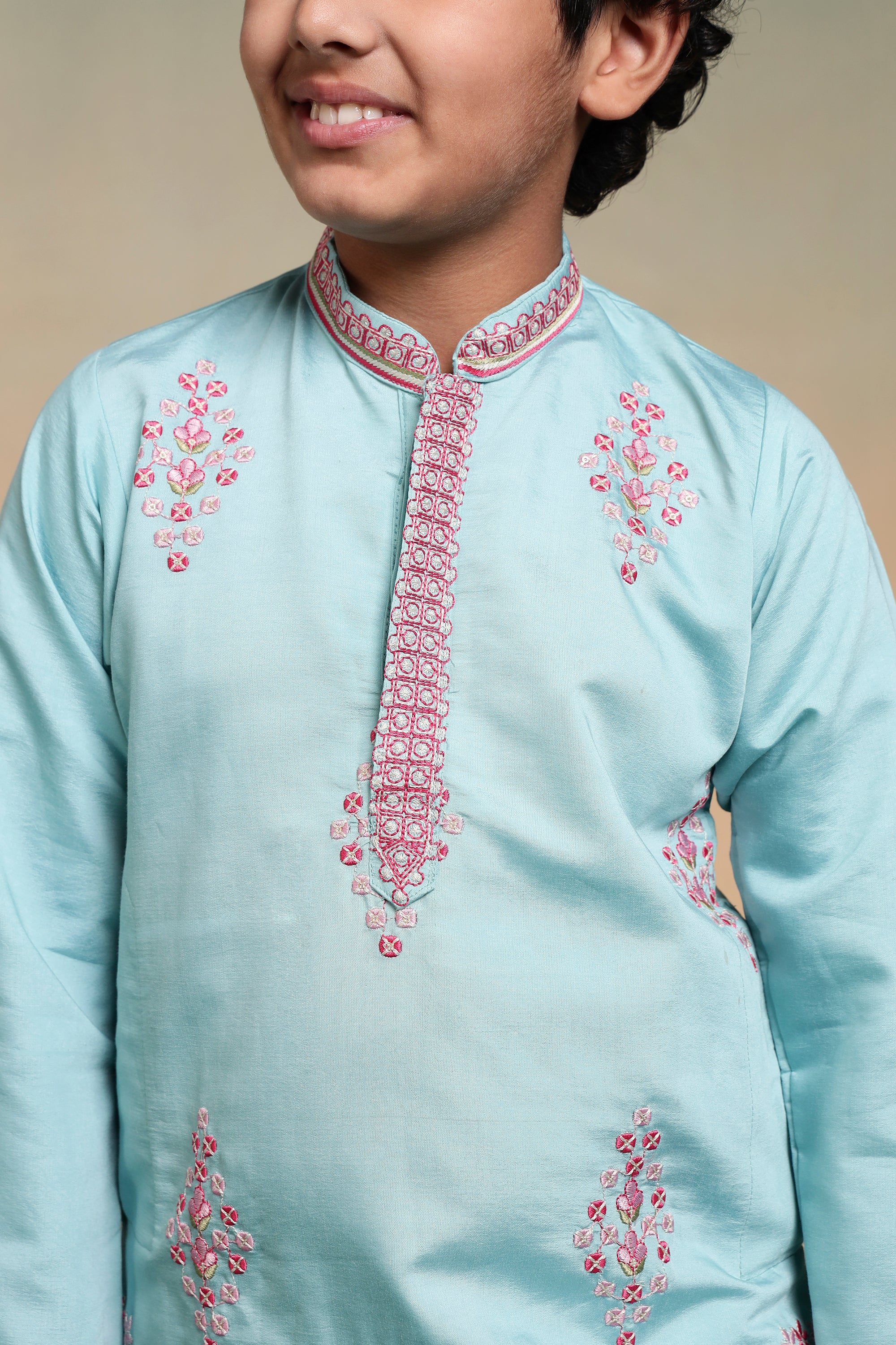 Traditional Sky Viscose Silk Multi Thread Work Kurta Set For Kids - Image 3