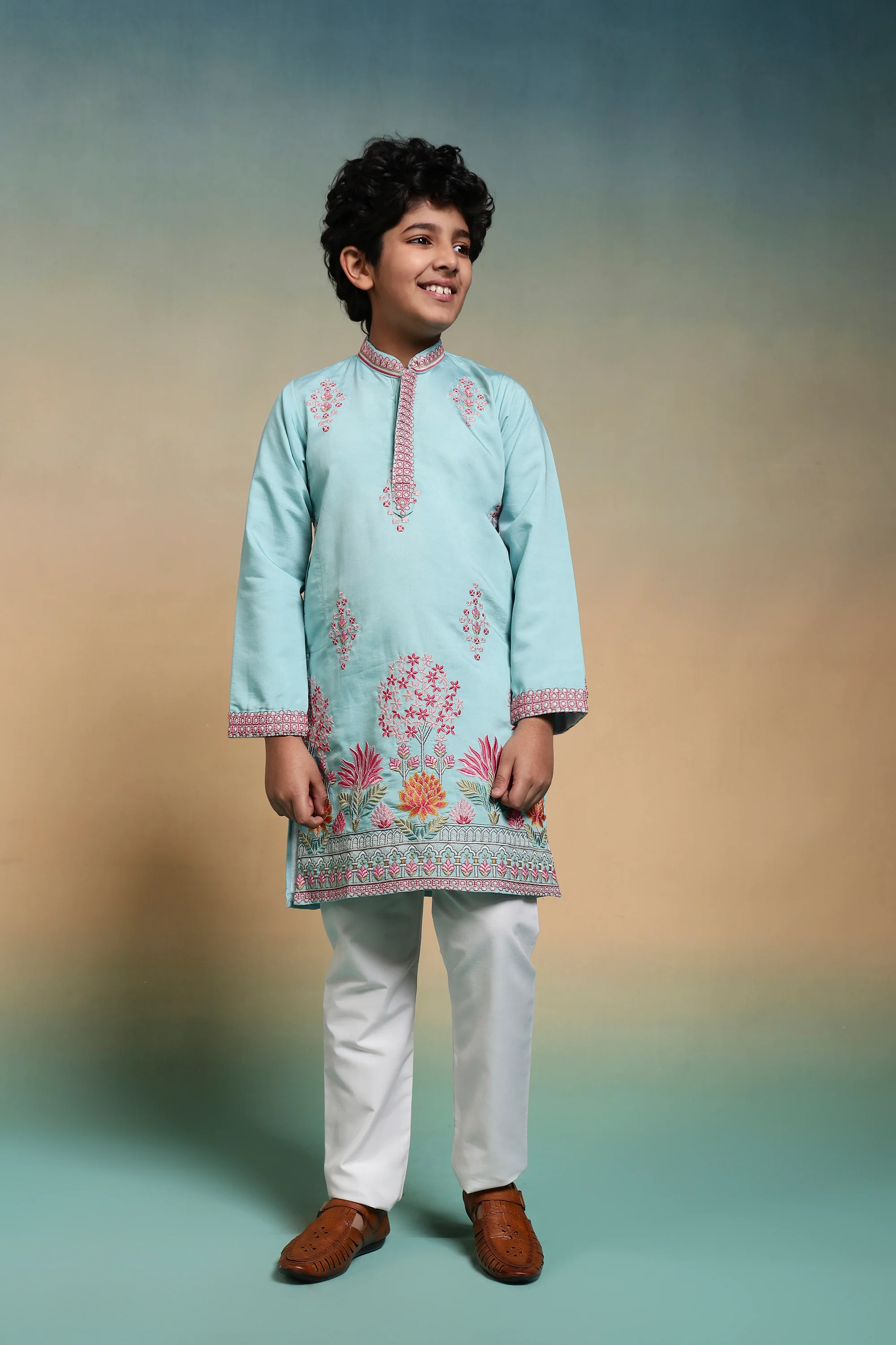 Traditional Sky Viscose Silk Multi Thread Work Kurta Set For Kids - Image 4