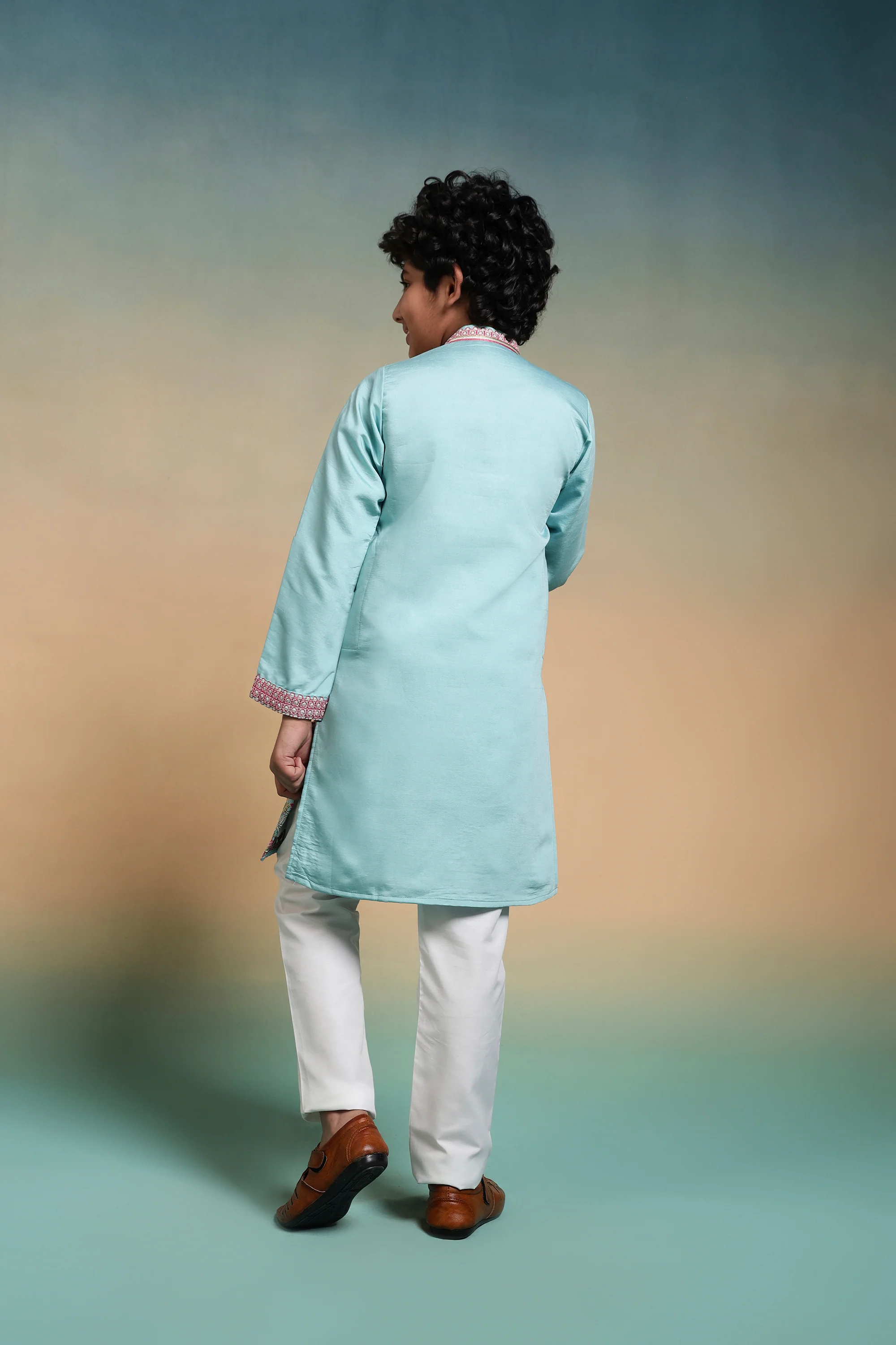 Traditional Sky Viscose Silk Multi Thread Work Kurta Set For Kids - Image 7