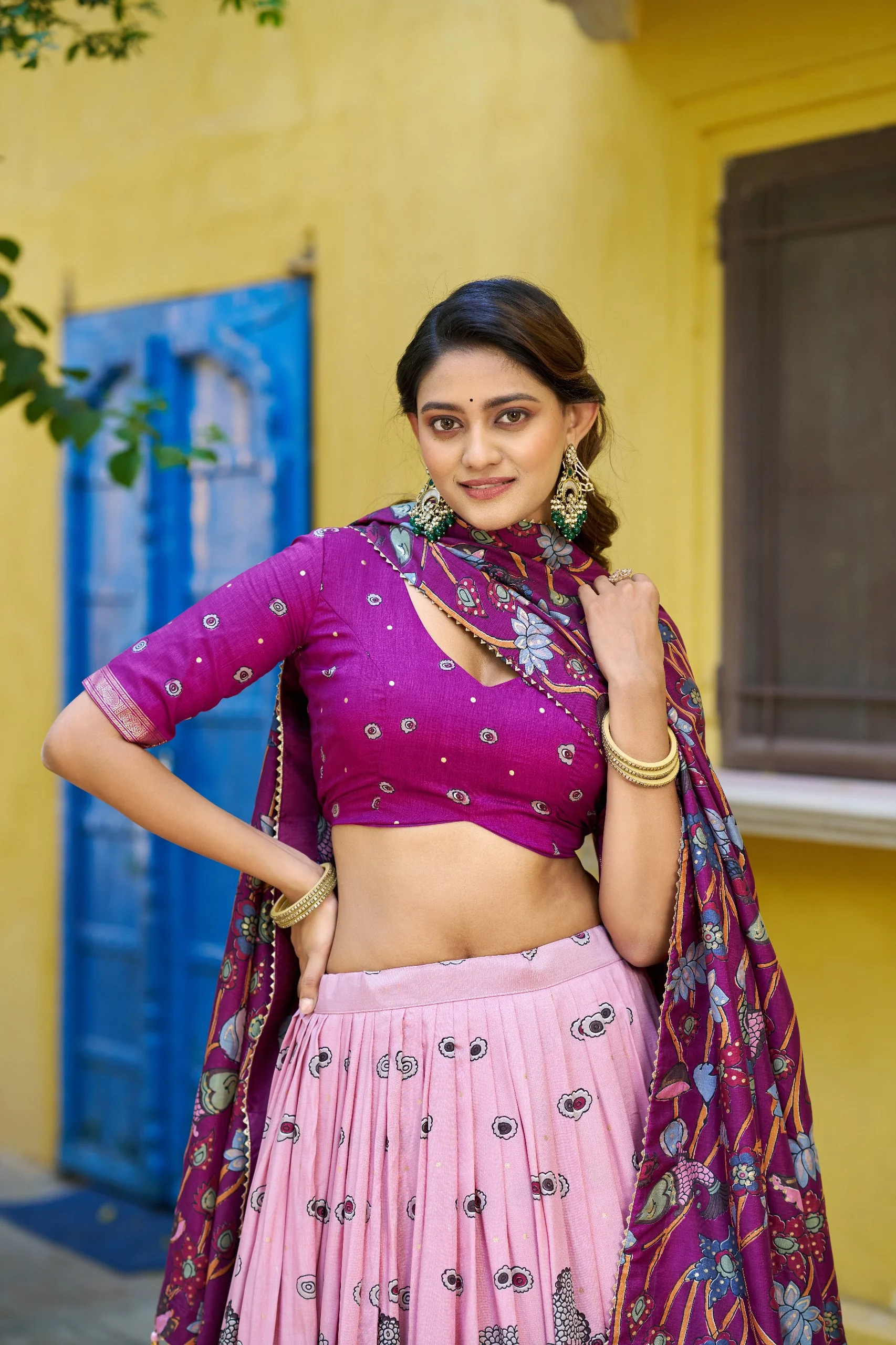 Traditional Tasar Silk Kalamkari Foil Work Lehenga Choli Set - Image 10