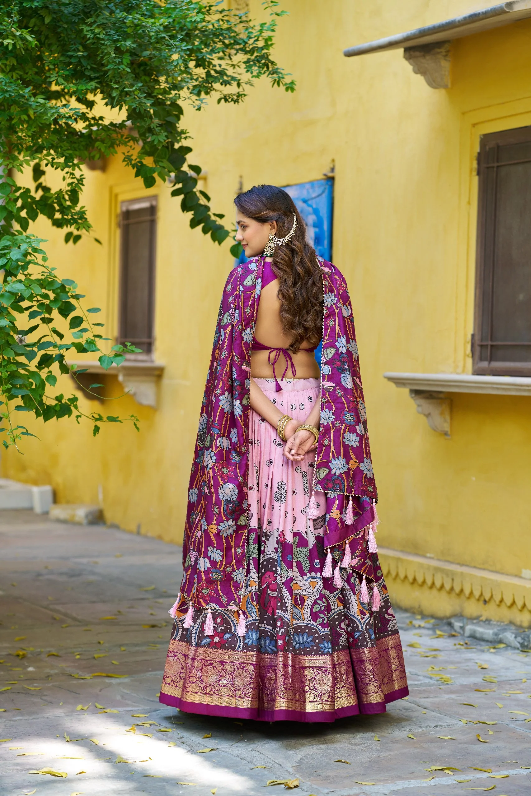 Traditional Tasar Silk Kalamkari Foil Work Lehenga Choli Set - Image 11