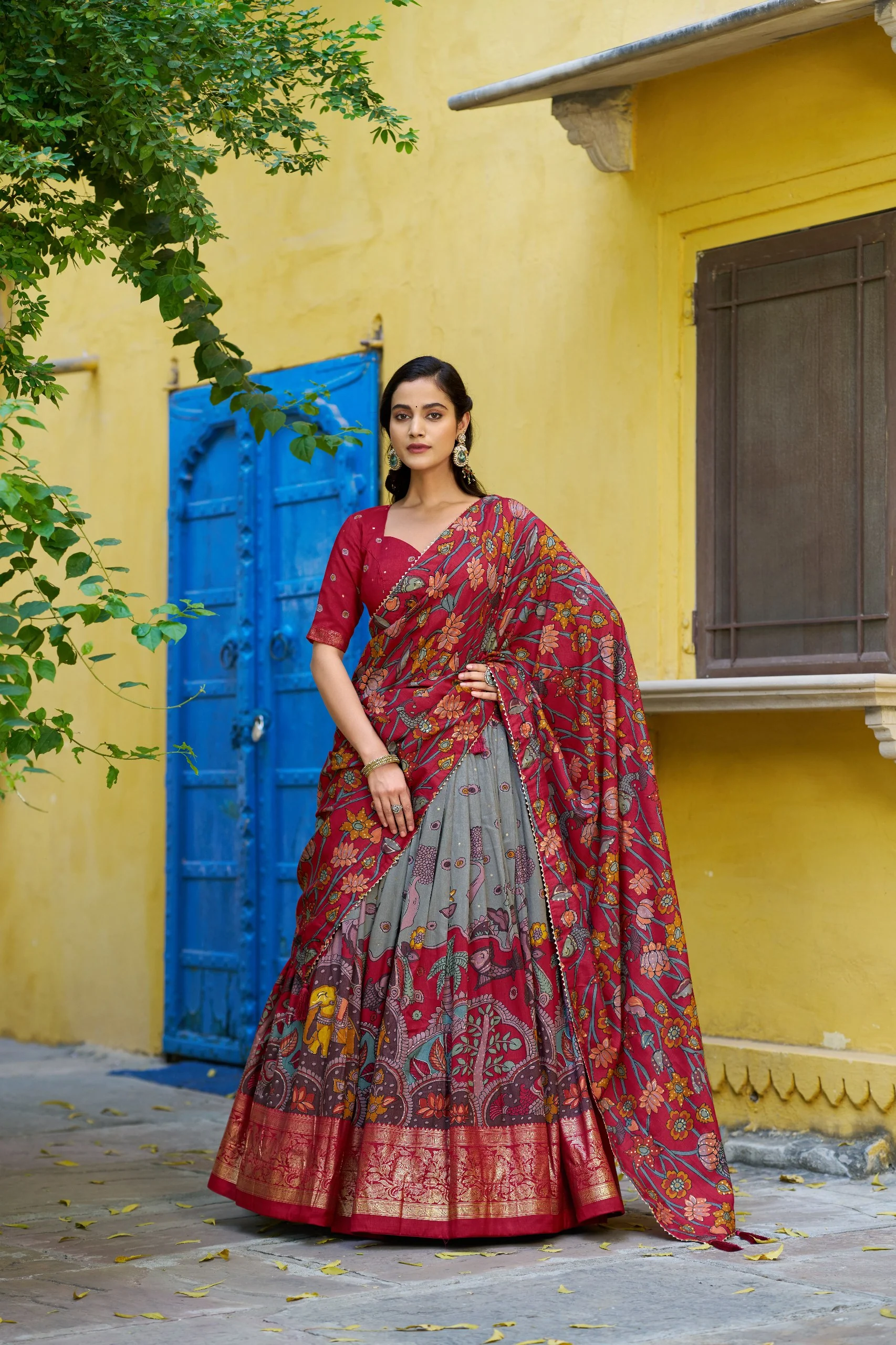 Traditional Tasar Silk Kalamkari Foil Work Lehenga Choli Set - Image 12