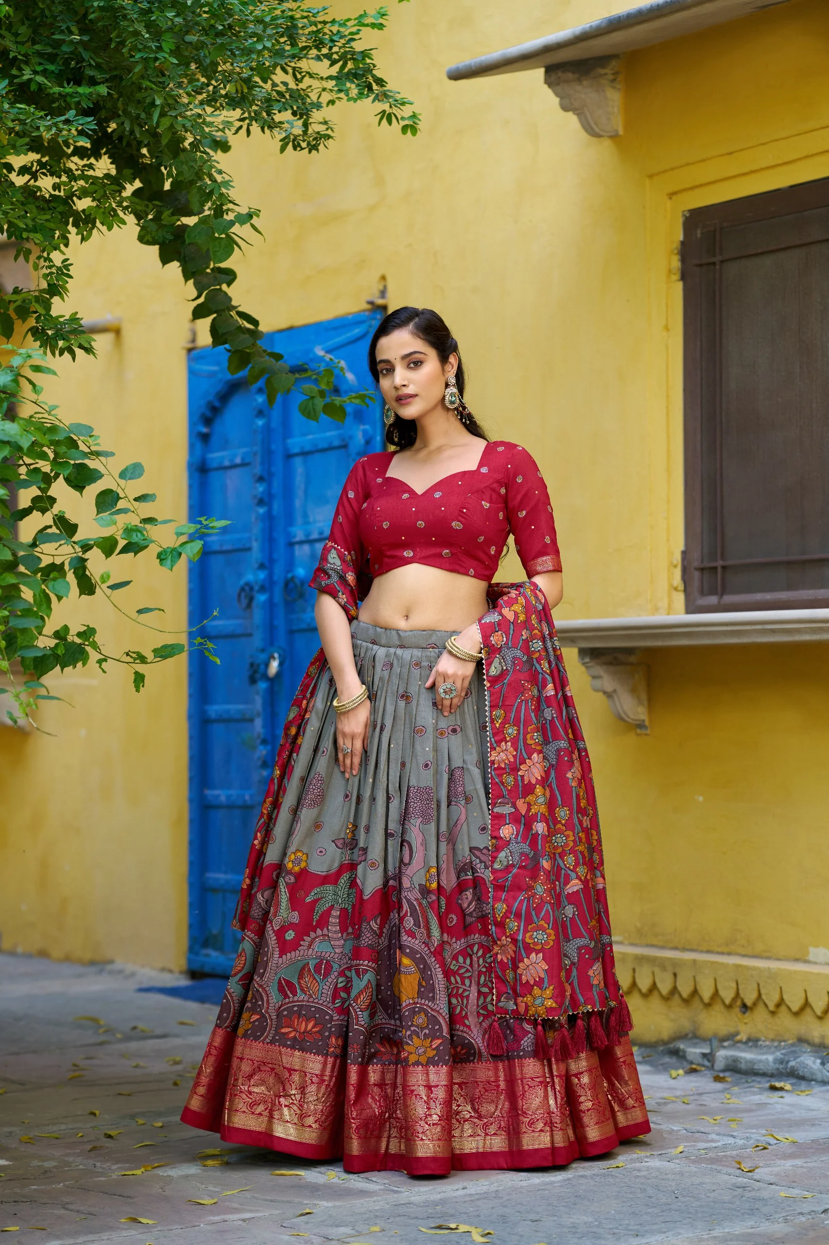 Traditional Tasar Silk Kalamkari Foil Work Lehenga Choli Set - Image 13