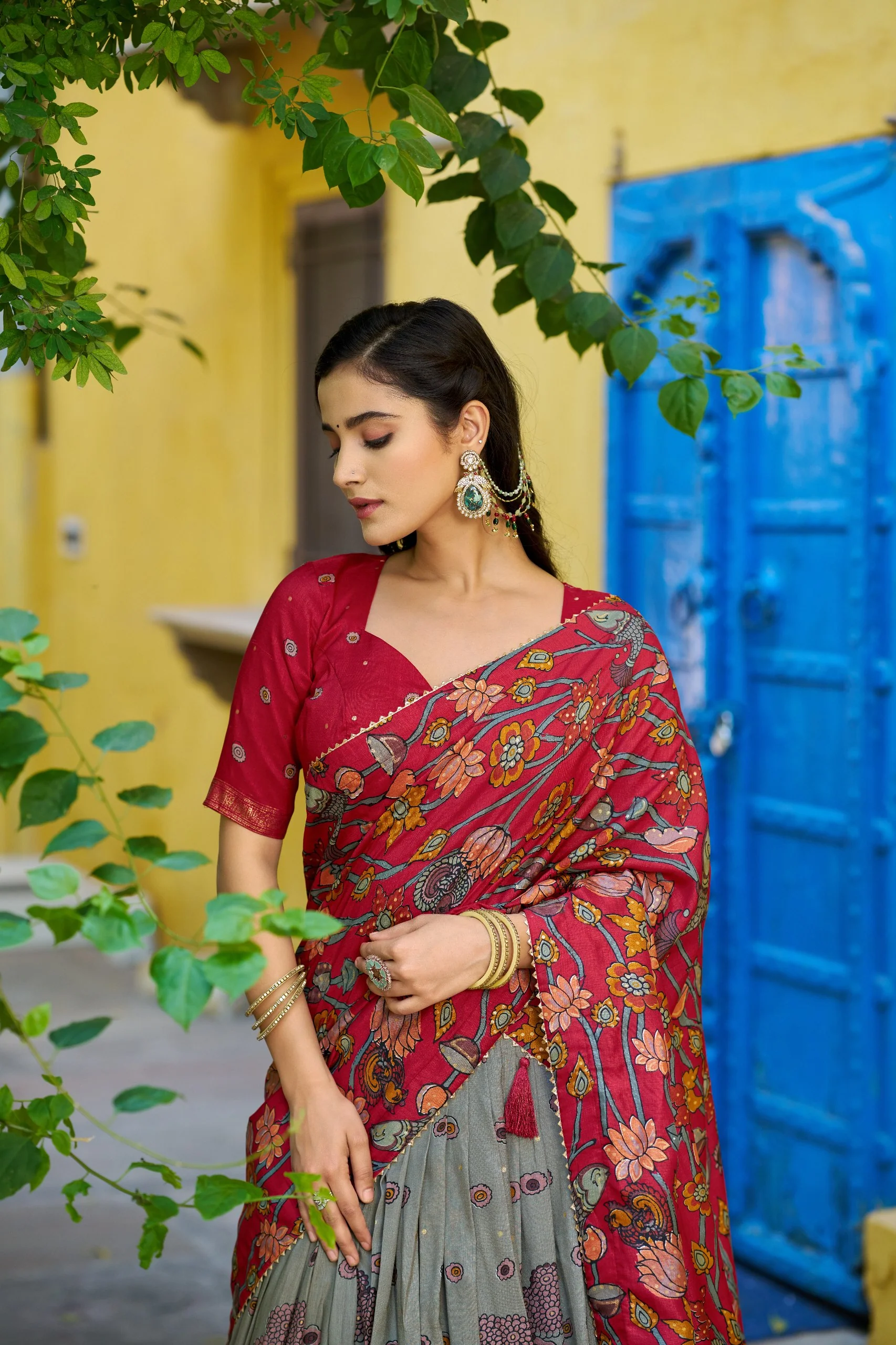 Traditional Tasar Silk Kalamkari Foil Work Lehenga Choli Set - Image 14