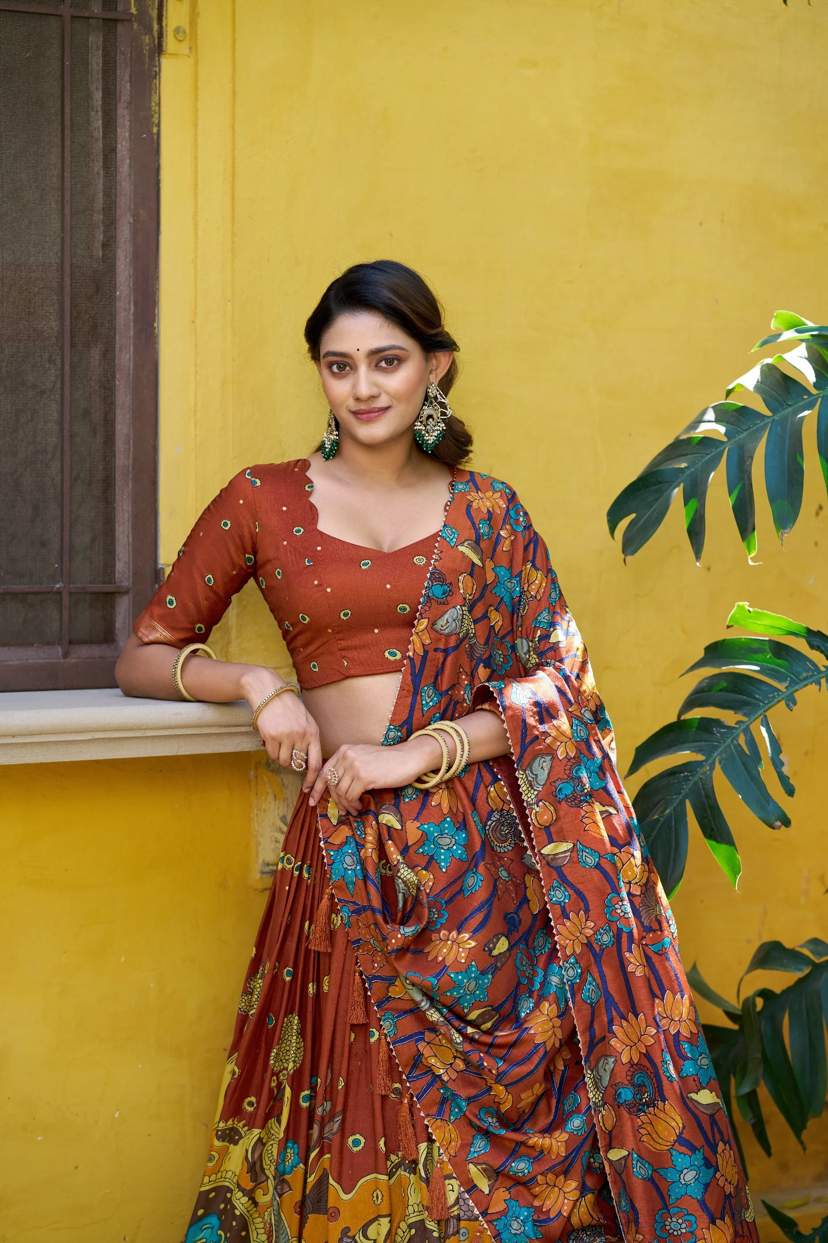 Traditional Tasar Silk Kalamkari Foil Work Lehenga Choli Set - Image 3