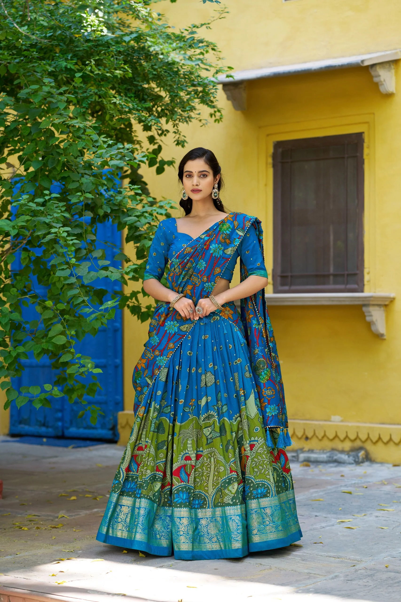 Traditional Tasar Silk Kalamkari Foil Work Lehenga Choli Set - Image 4