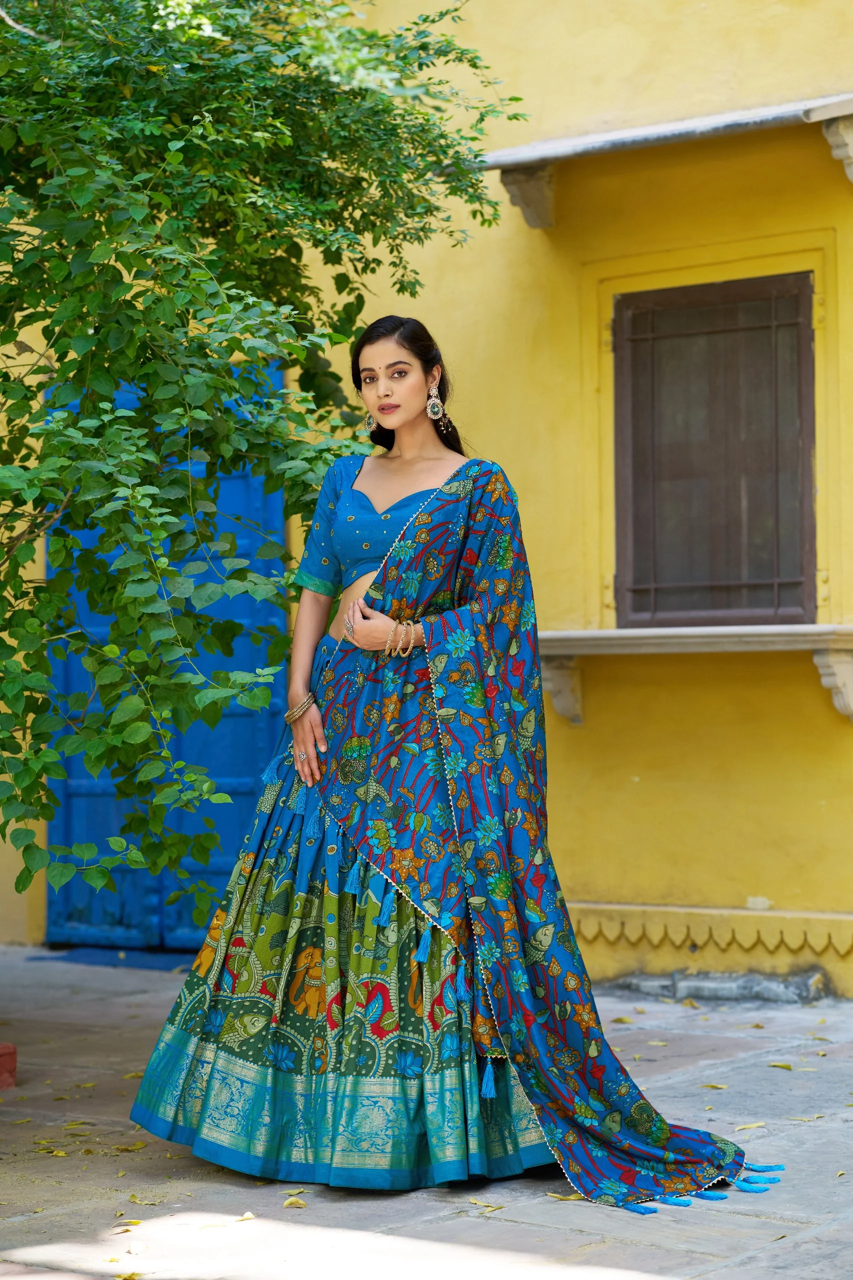 Traditional Tasar Silk Kalamkari Foil Work Lehenga Choli Set - Image 5