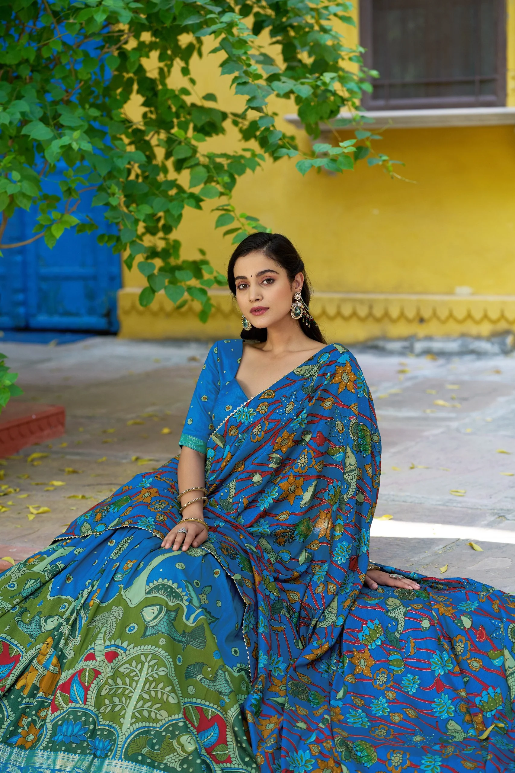 Traditional Tasar Silk Kalamkari Foil Work Lehenga Choli Set - Image 6