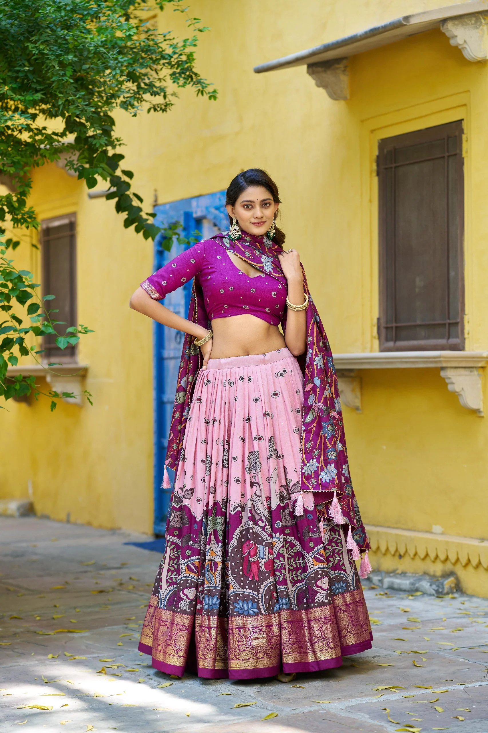 Traditional Tasar Silk Kalamkari Foil Work Lehenga Choli Set - Image 8