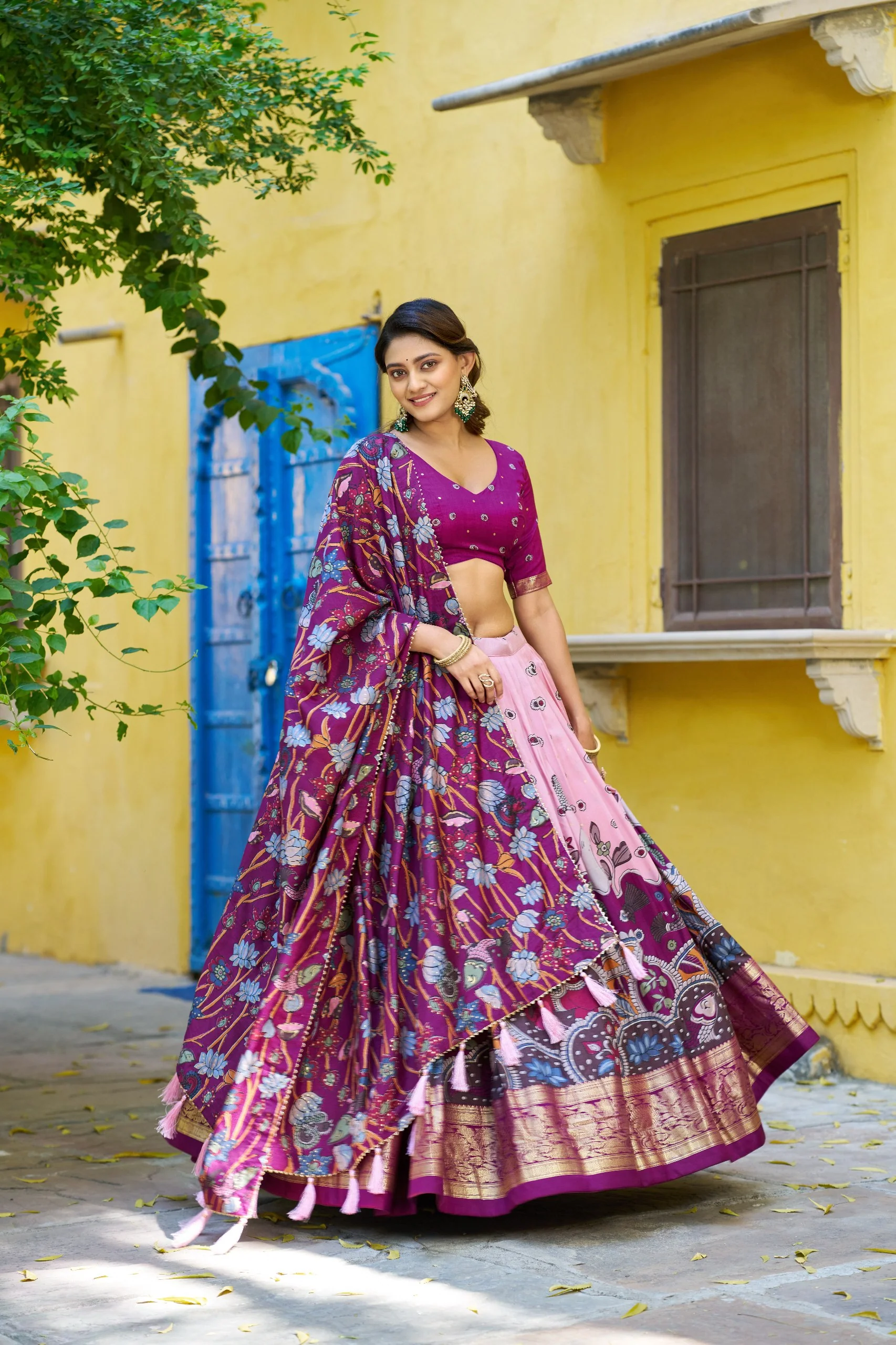 Traditional Tasar Silk Kalamkari Foil Work Lehenga Choli Set - Image 9