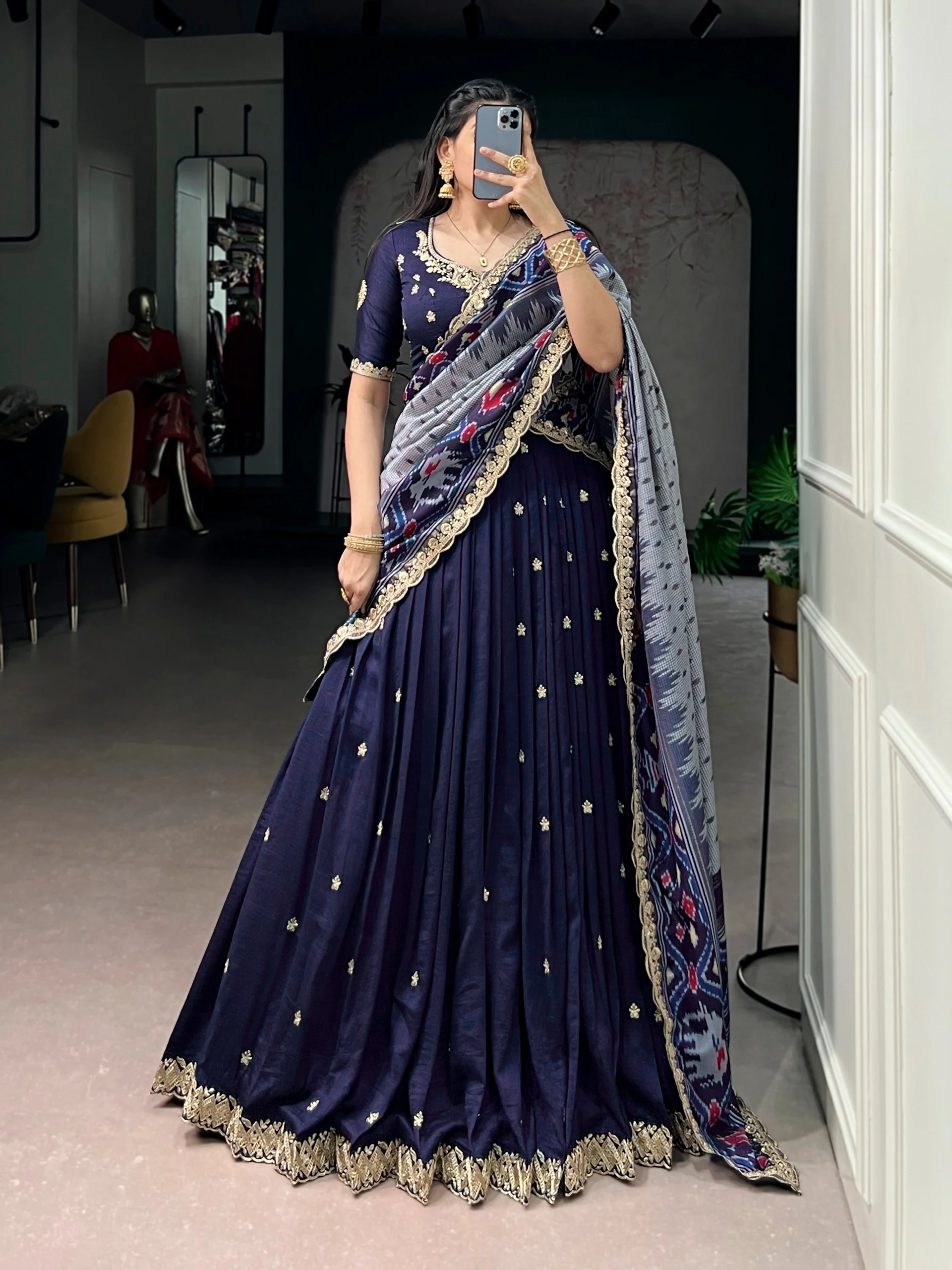 Traditional Vichitra Silk Sequins & Embroidered Lehenga Choli Set - Image 4
