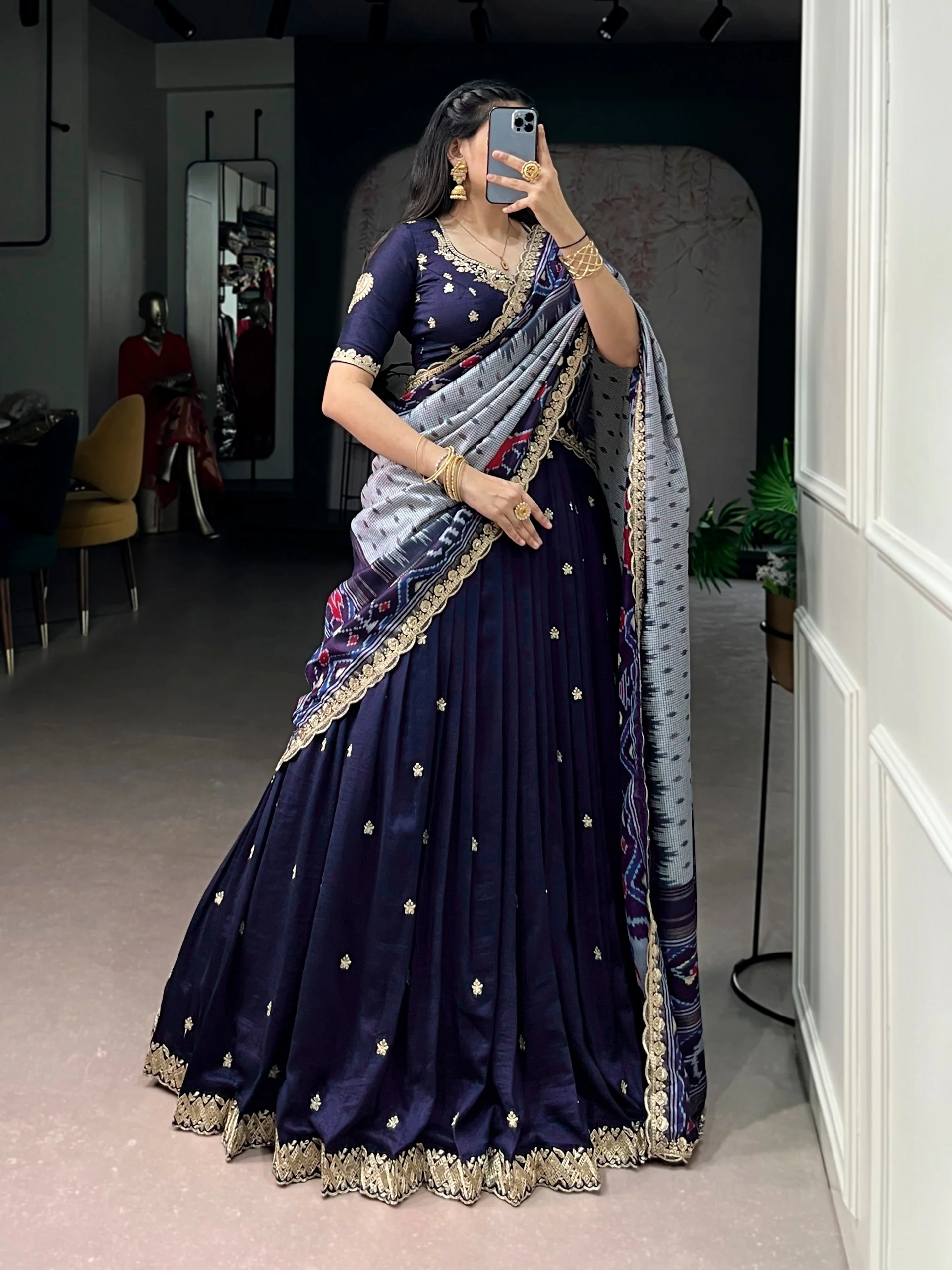 Traditional Vichitra Silk Sequins & Embroidered Lehenga Choli Set - Image 5