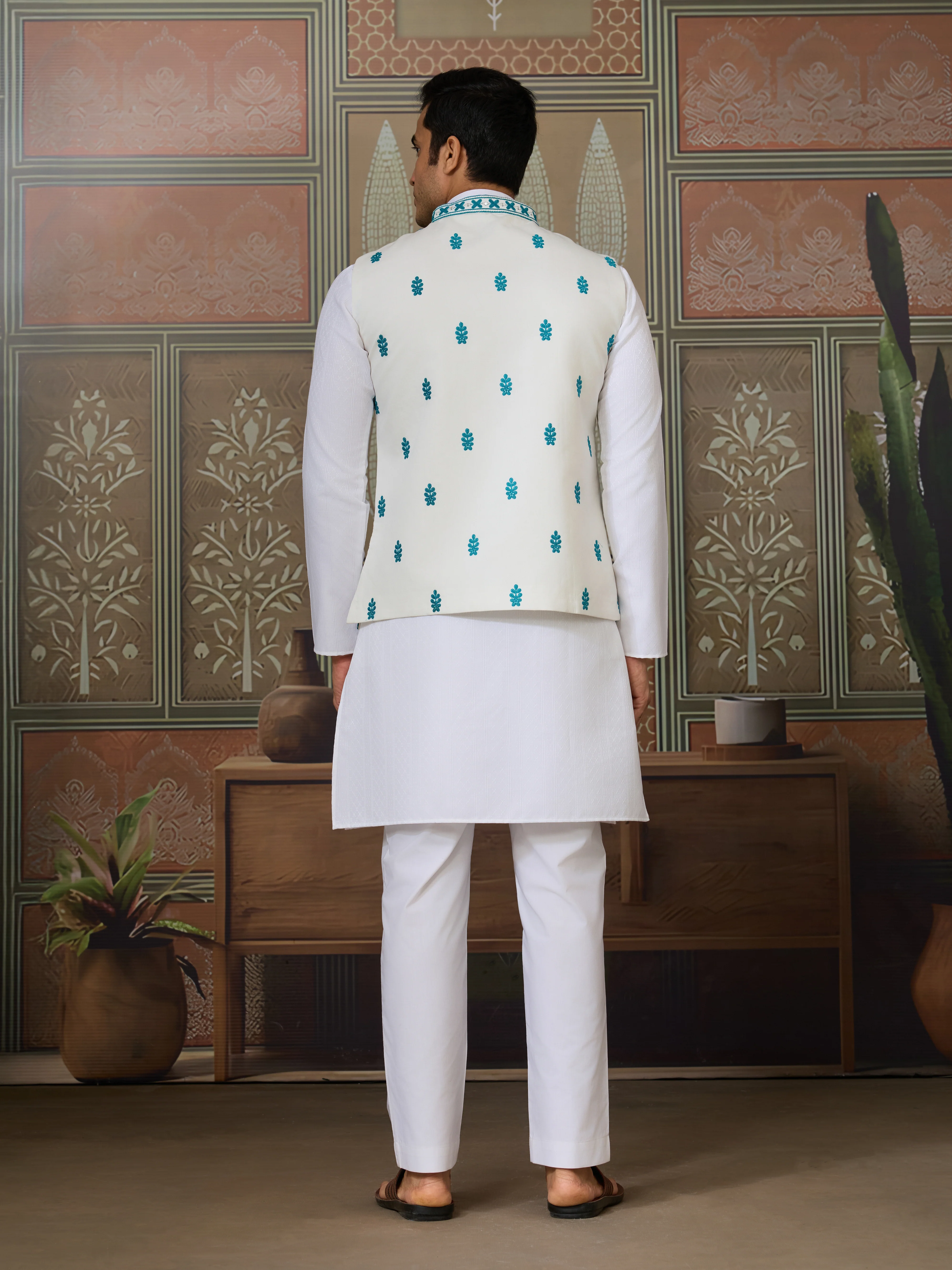 Traditional White Kurta with Teal Green Koti for Men - Image 6