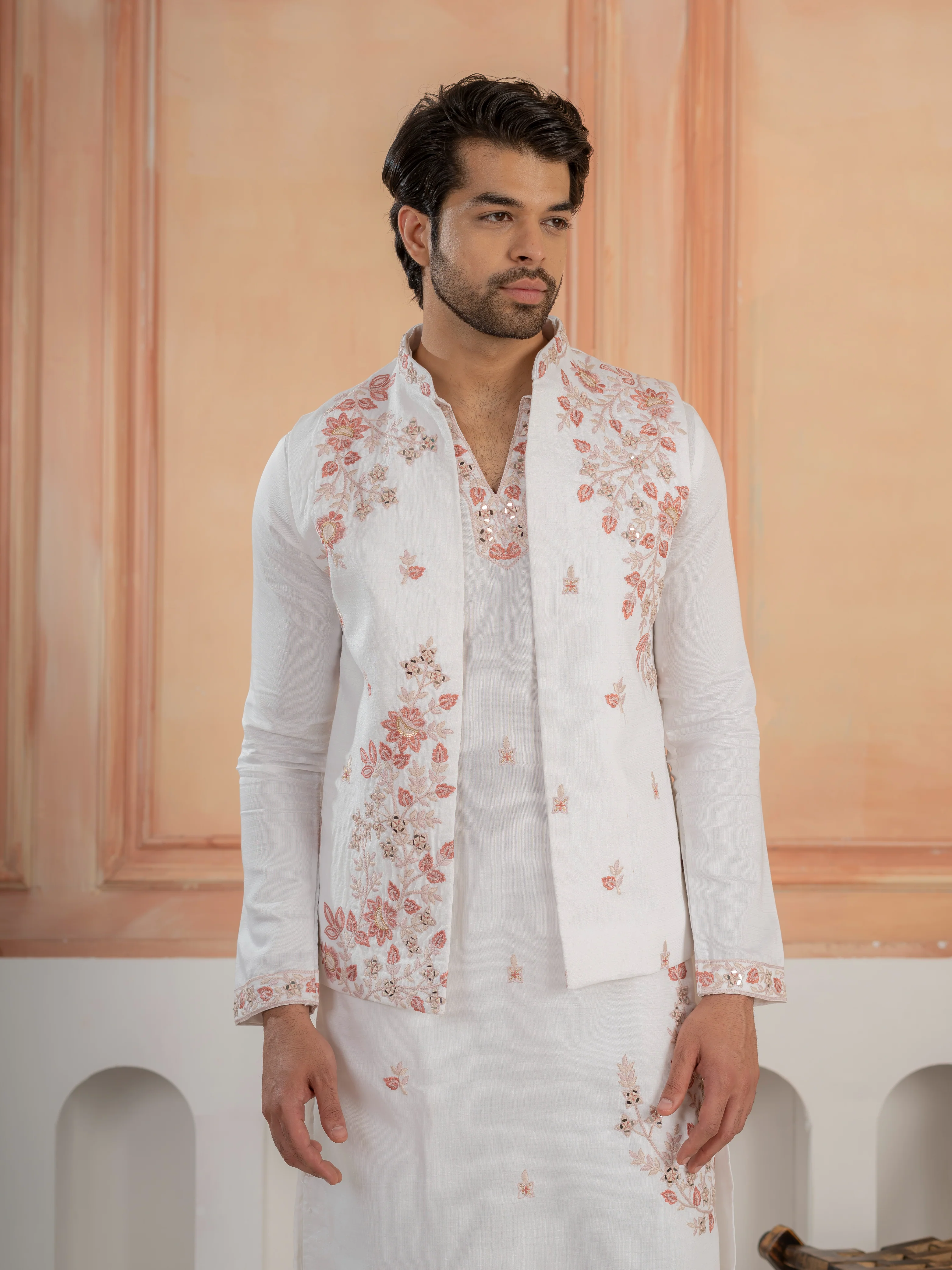 Traditional White V-Neck Kurta with Thread Embroidery Jacket & Pant - Image 2