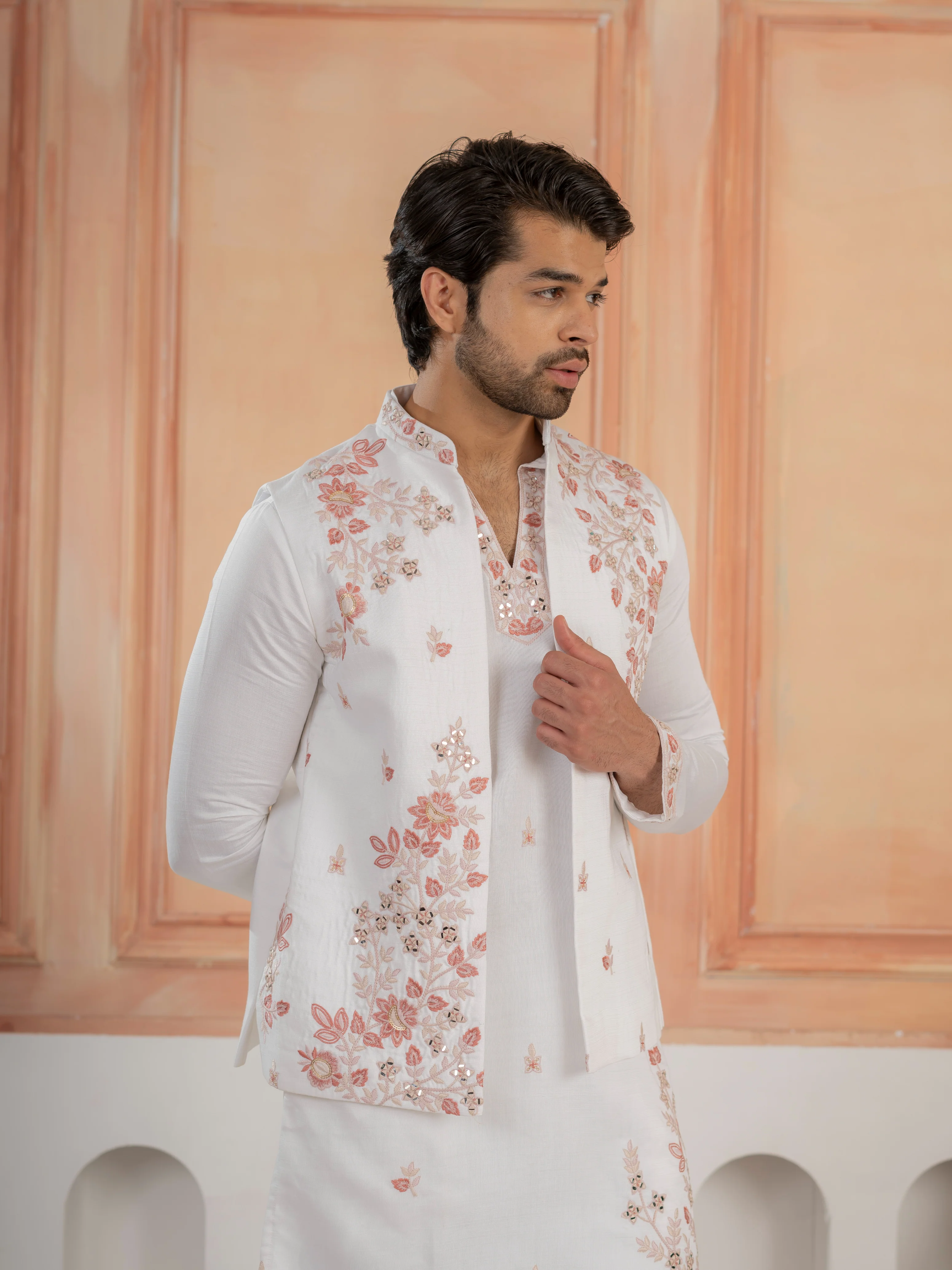 Traditional White V-Neck Kurta with Thread Embroidery Jacket & Pant - Image 3