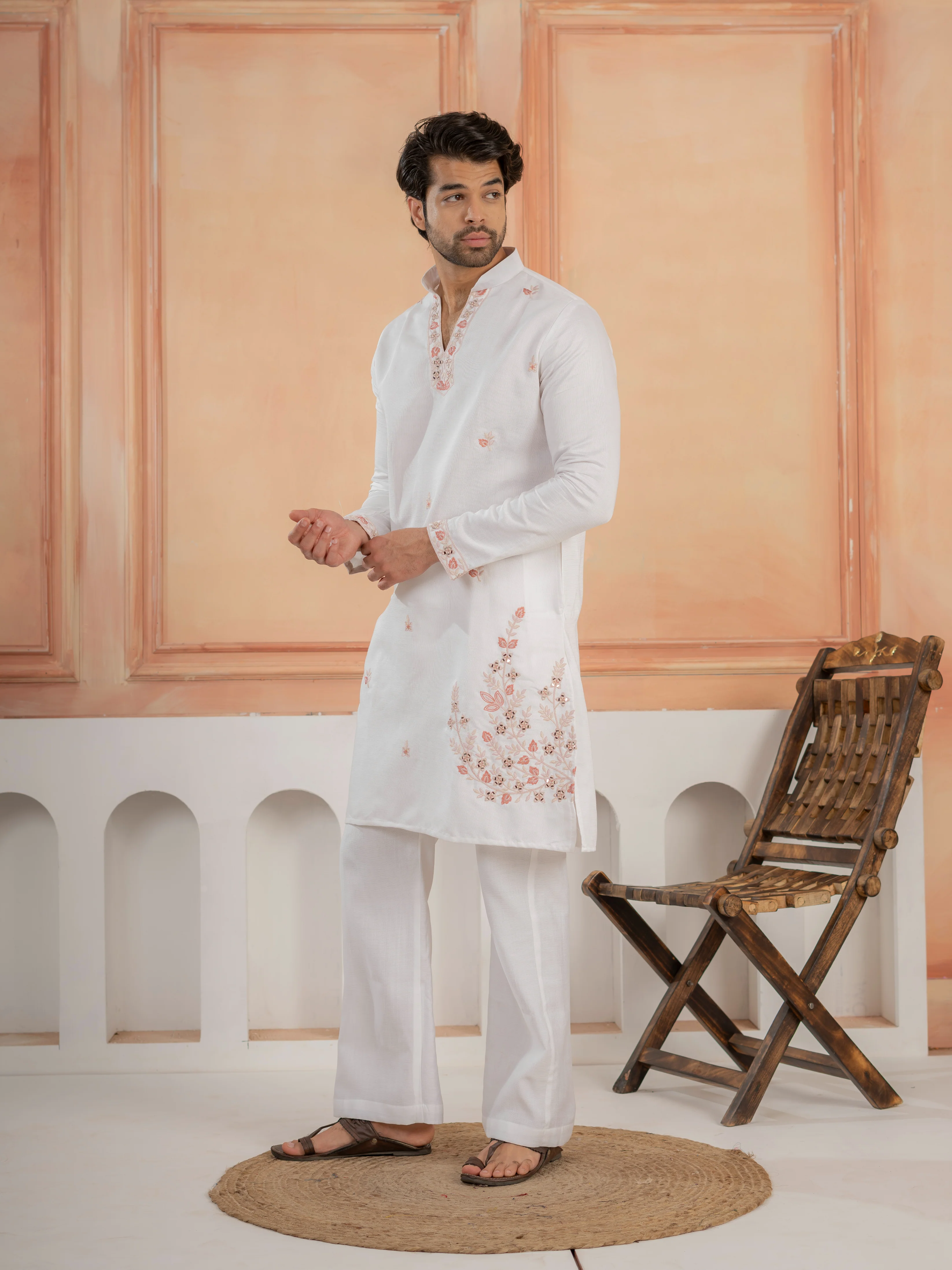 Traditional White V-Neck Kurta with Thread Embroidery Jacket & Pant - Image 5