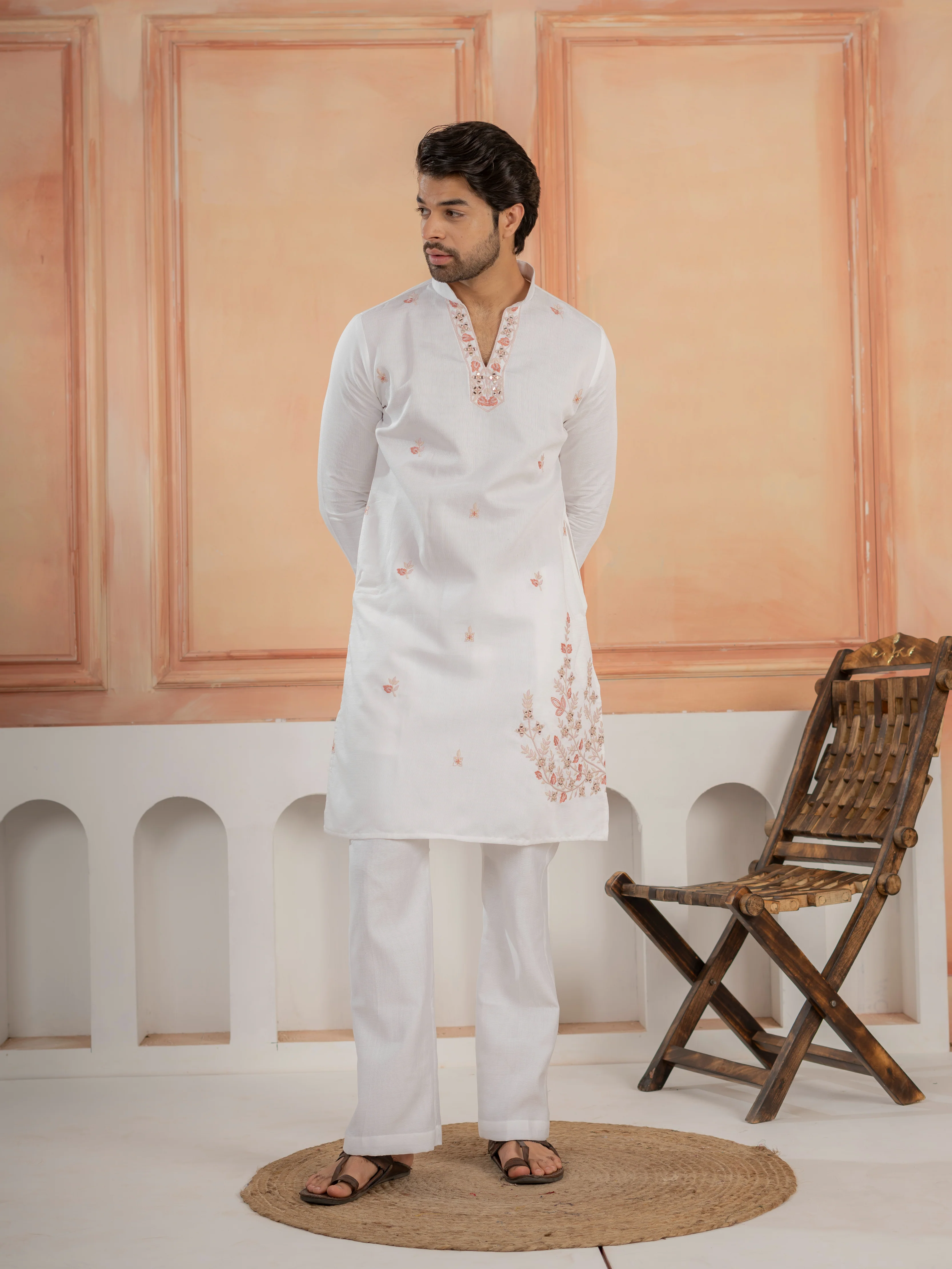 Traditional White V-Neck Kurta with Thread Embroidery Jacket & Pant - Image 6