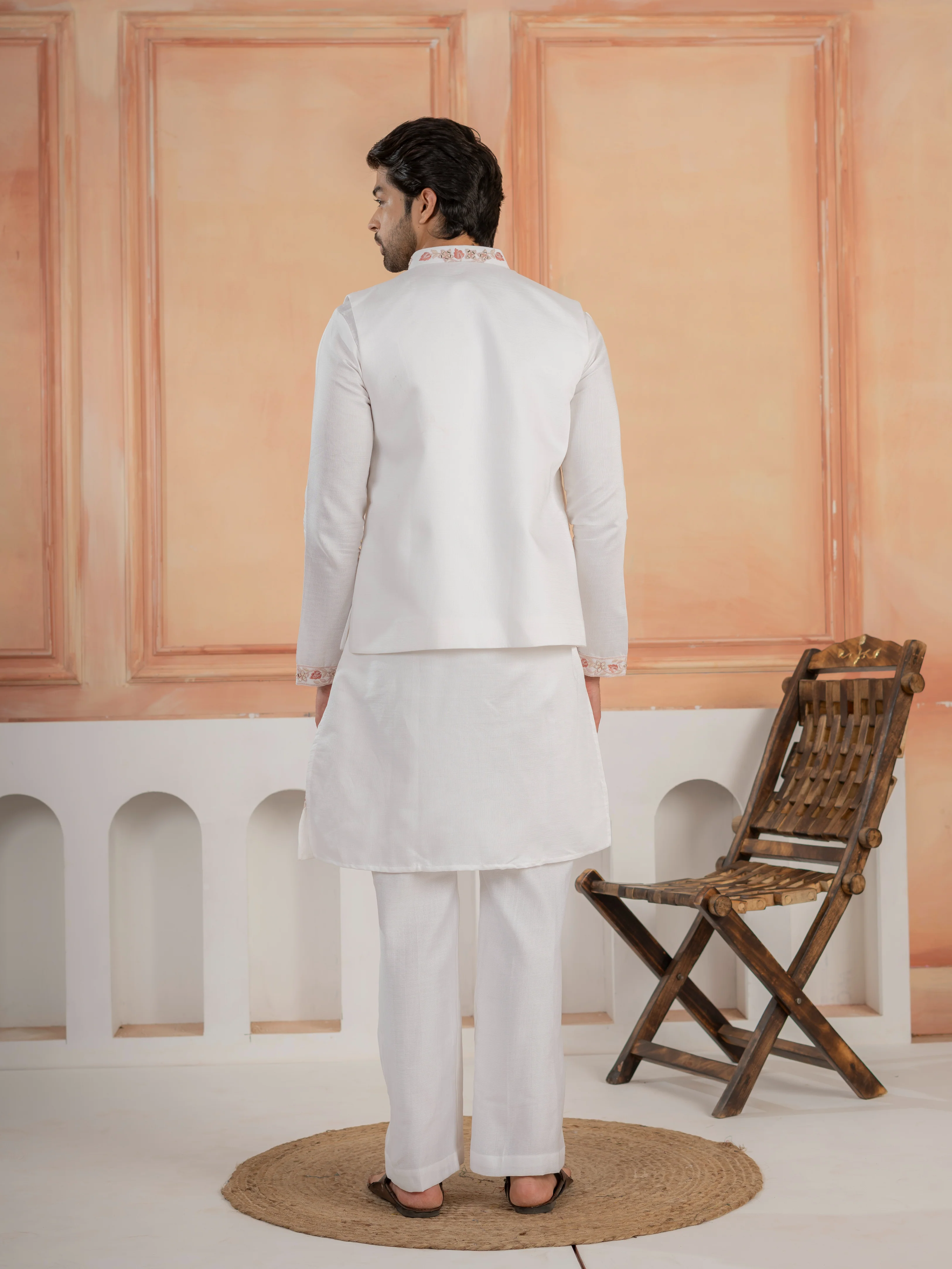 Traditional White V-Neck Kurta with Thread Embroidery Jacket & Pant - Image 7
