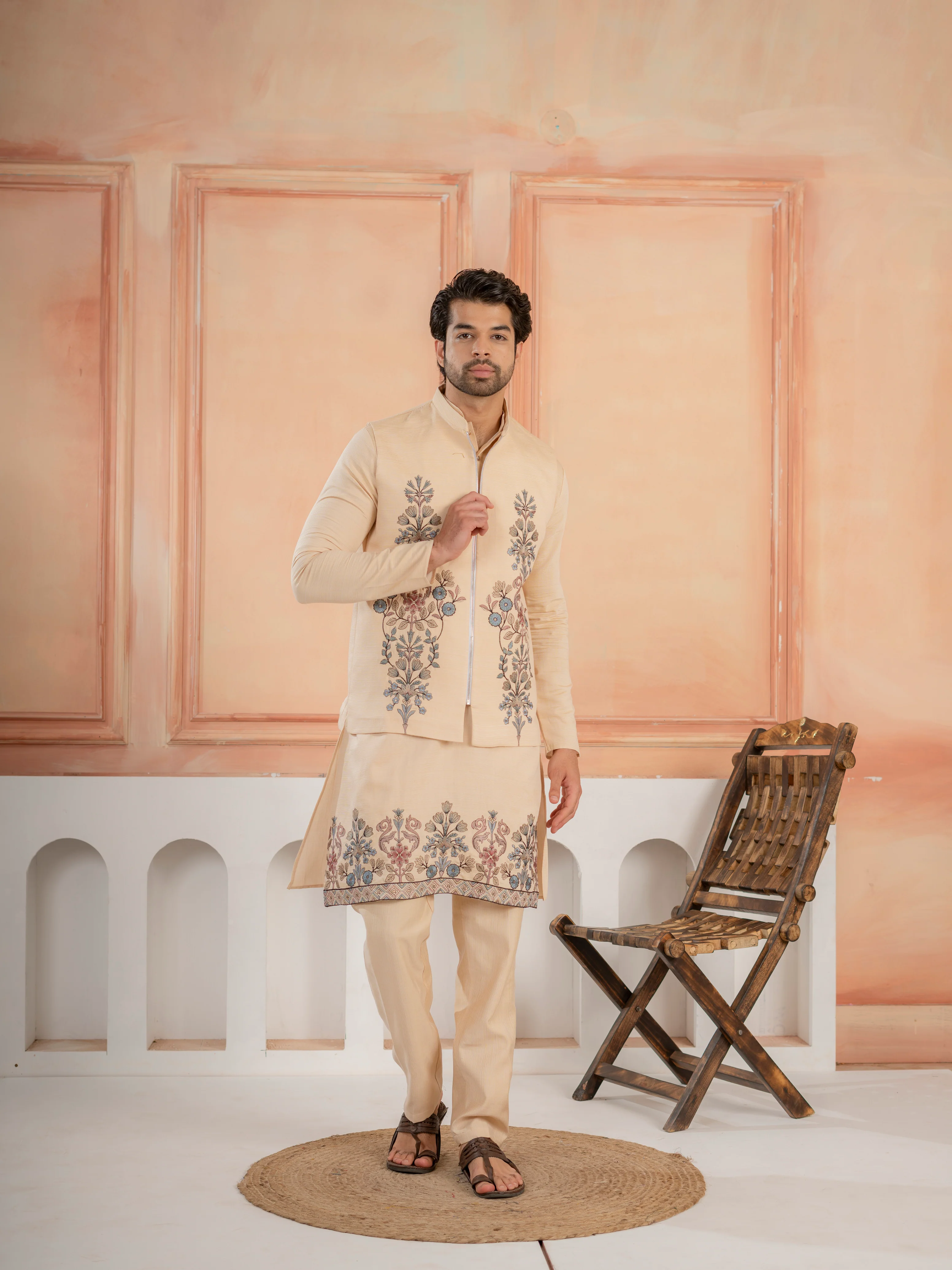 Trendy Beige Wedding Special Koti Kurta Set for Mens Wear - Image 2