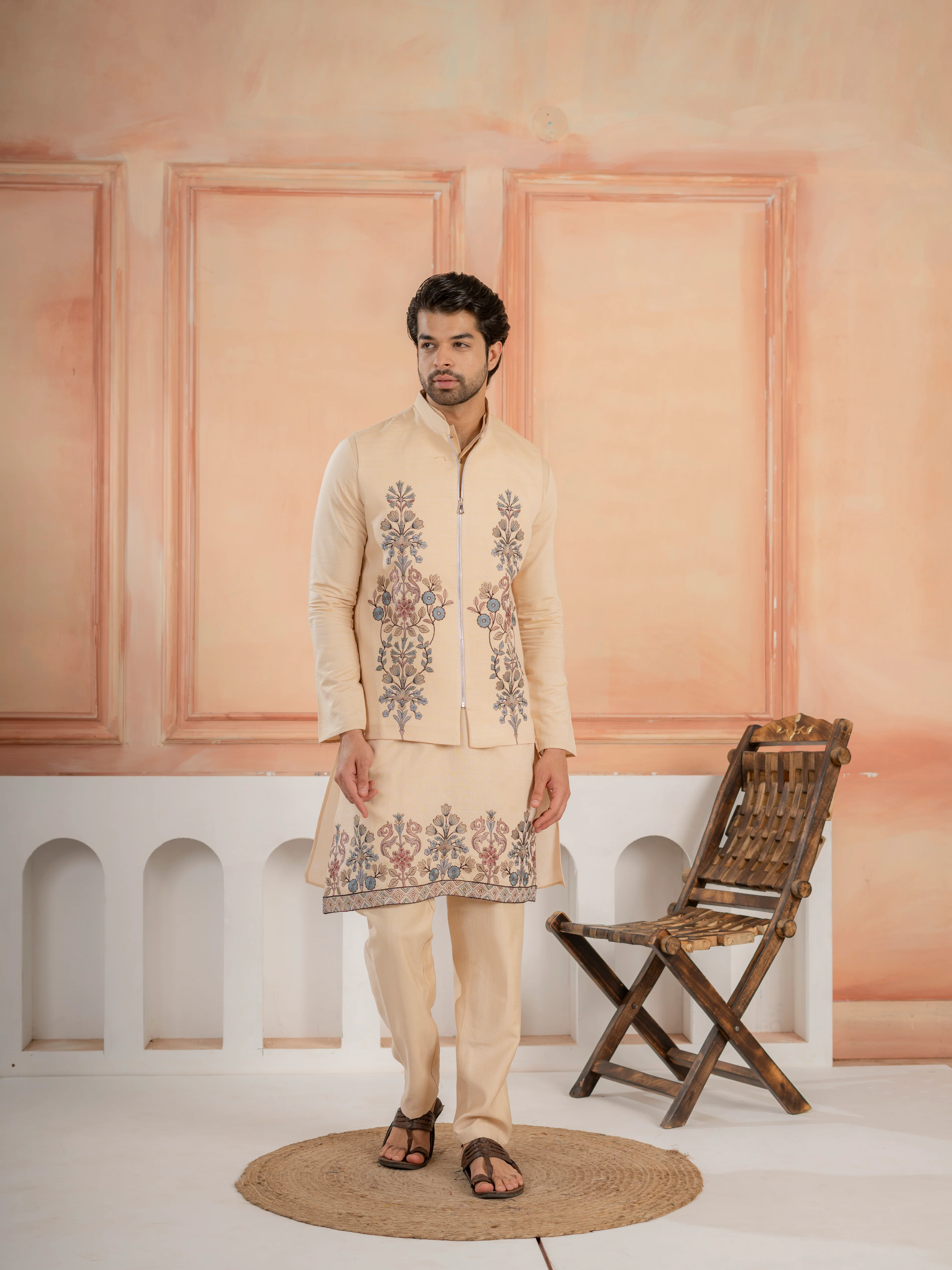 Trendy Beige Wedding Special Koti Kurta Set for Mens Wear - Image 3