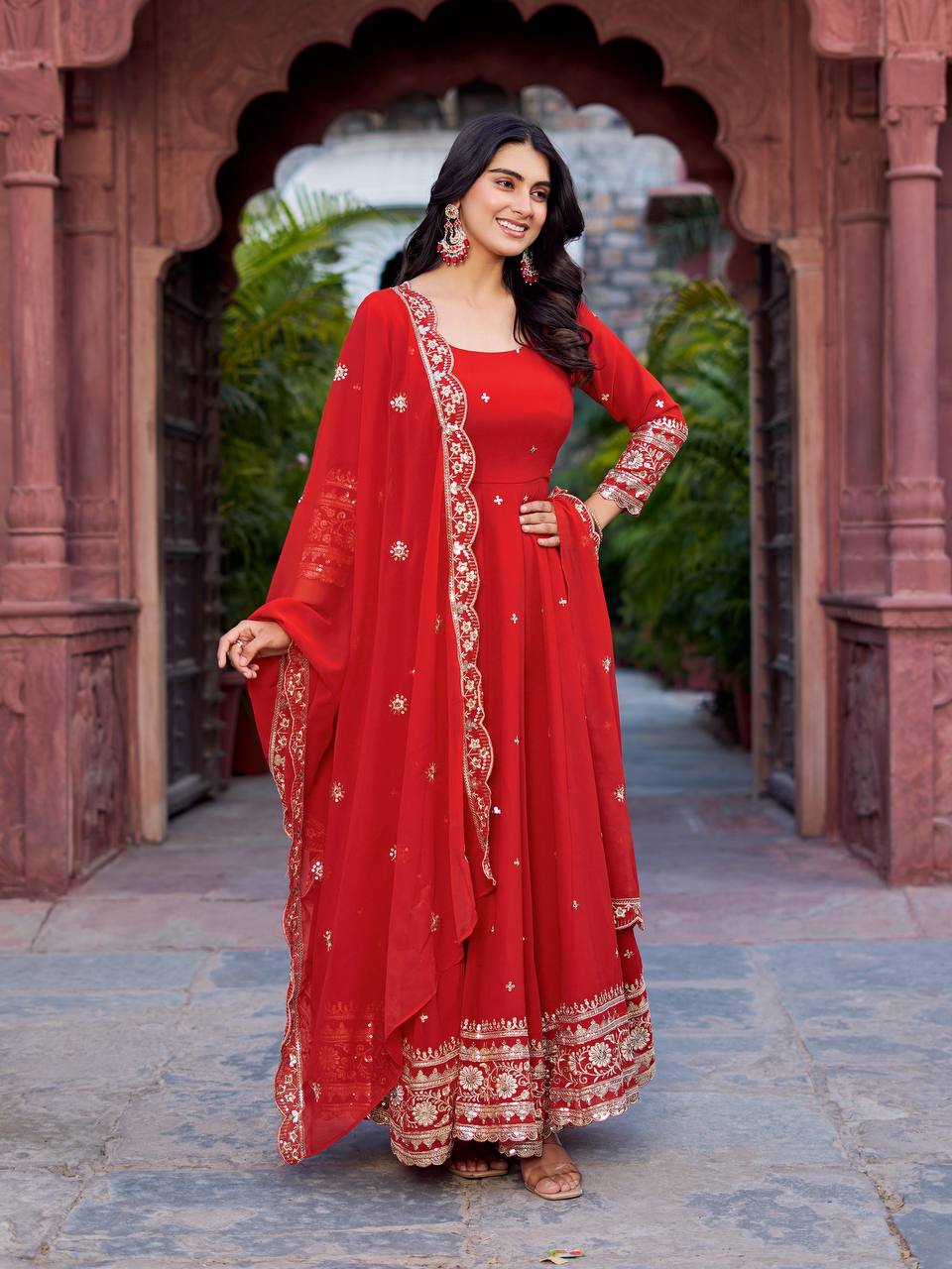 Trendy Faux Georgette Long Gown Set with Designer Dupatta and Pant