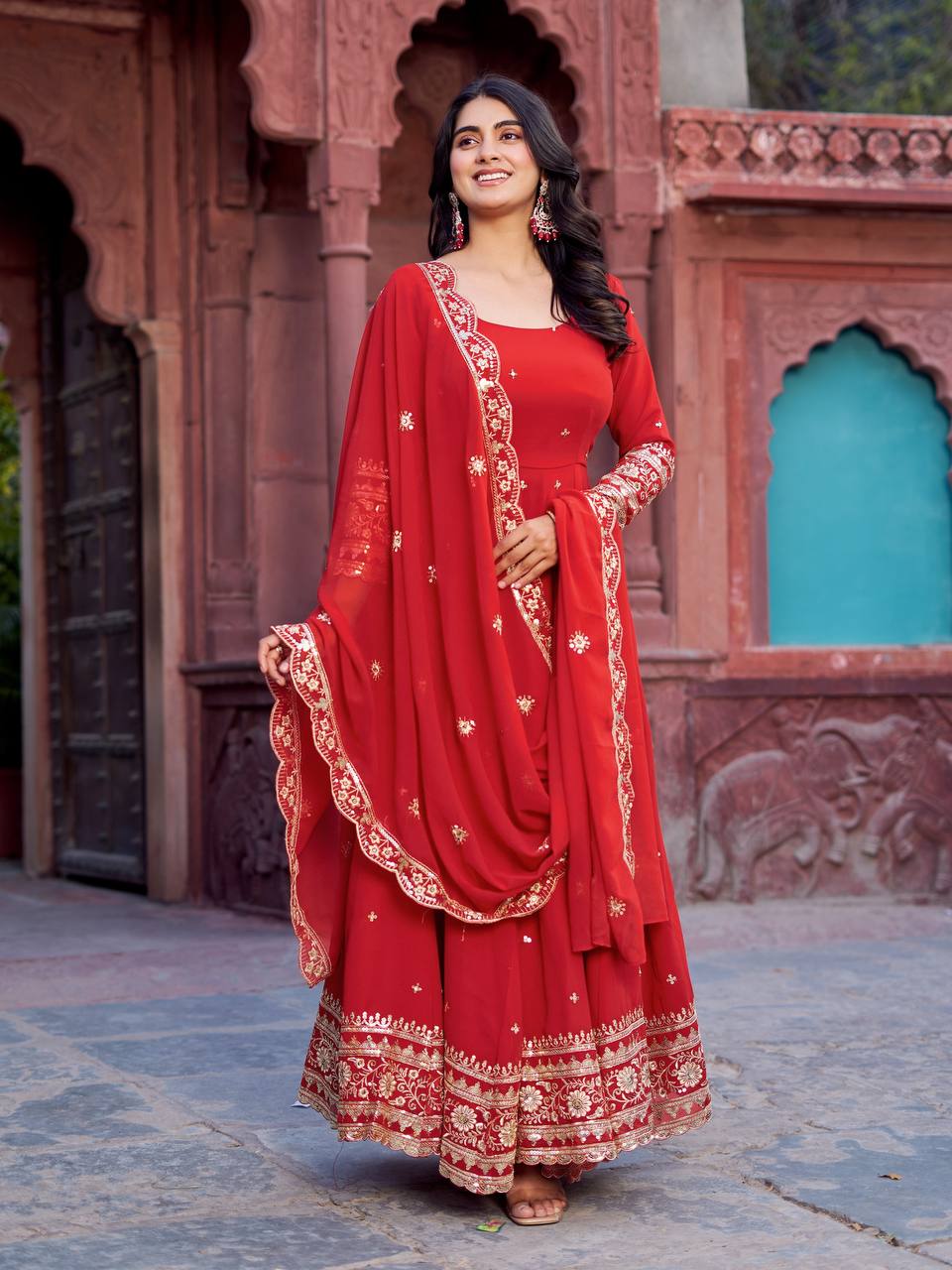 Trendy Faux Georgette Long Gown Set with Designer Dupatta and Pant - Image 2