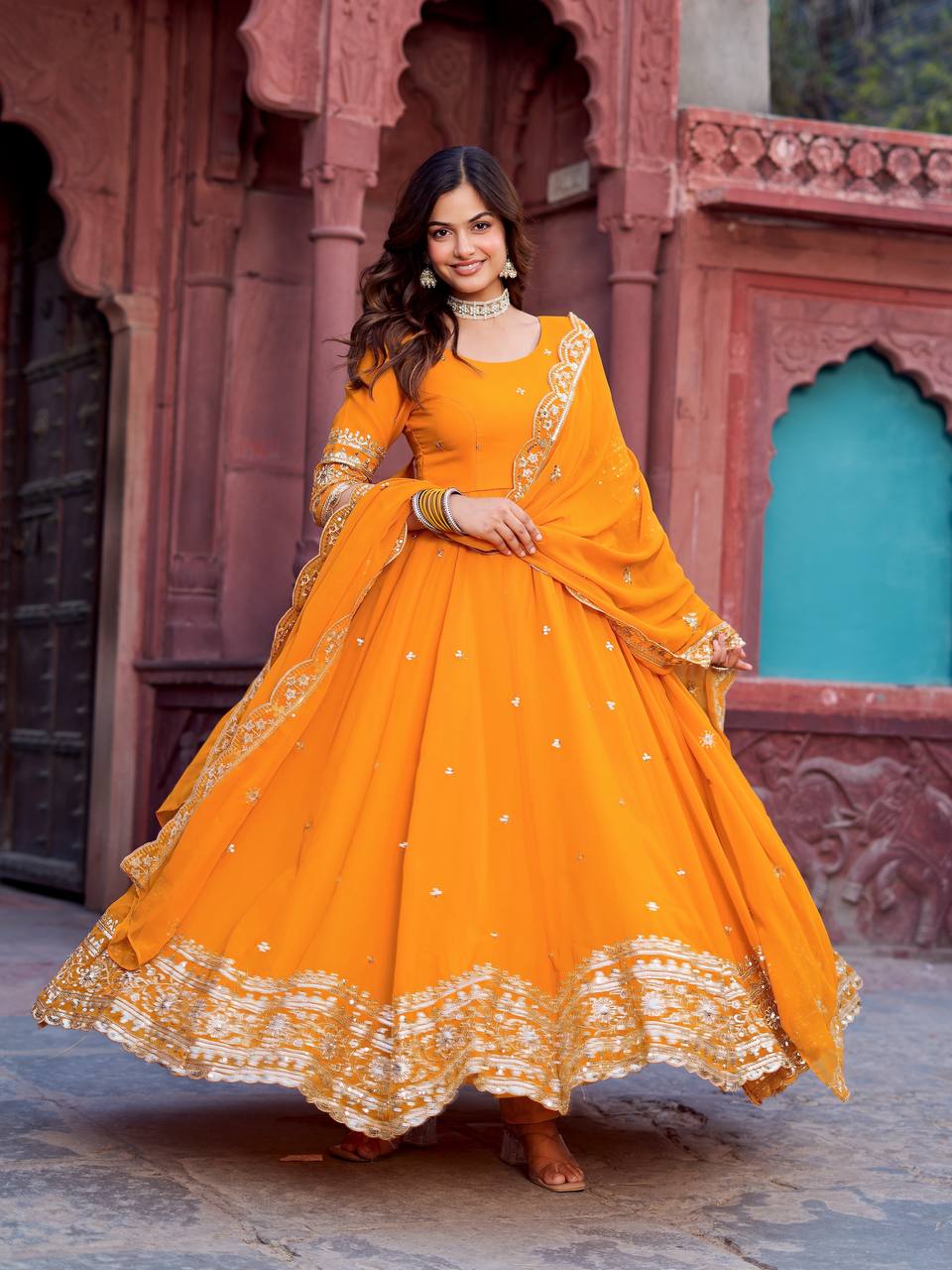 Trendy Faux Georgette Long Gown Set with Designer Dupatta and Pant - Image 3