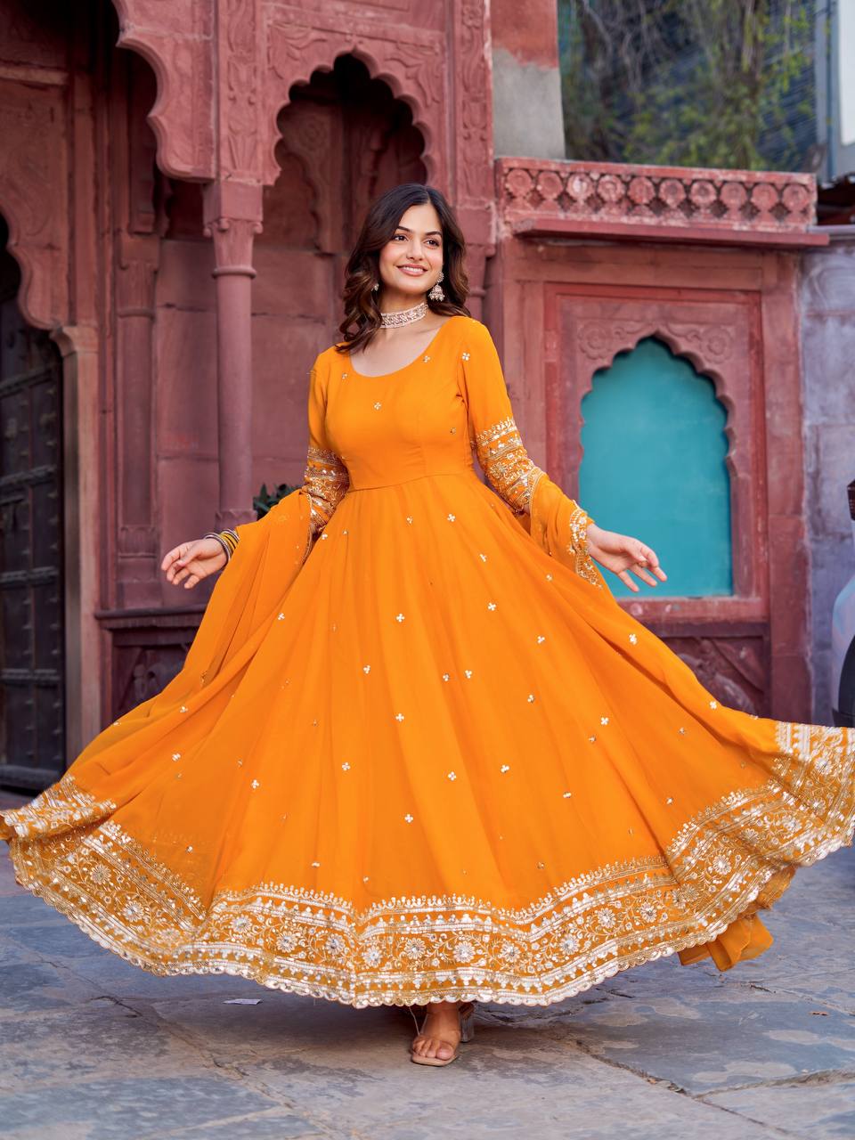 Trendy Faux Georgette Long Gown Set with Designer Dupatta and Pant - Image 4