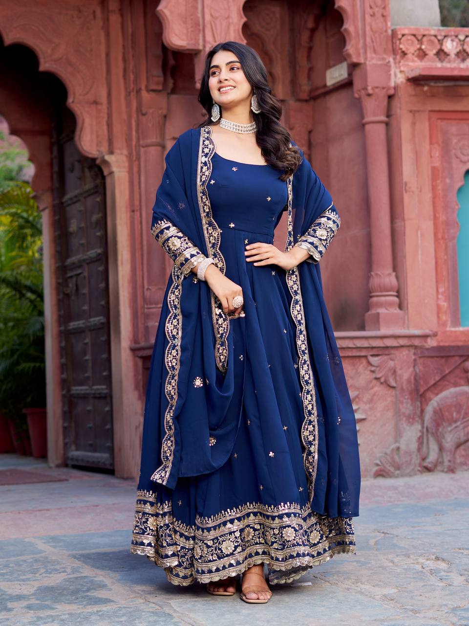 Trendy Faux Georgette Long Gown Set with Designer Dupatta and Pant - Image 5