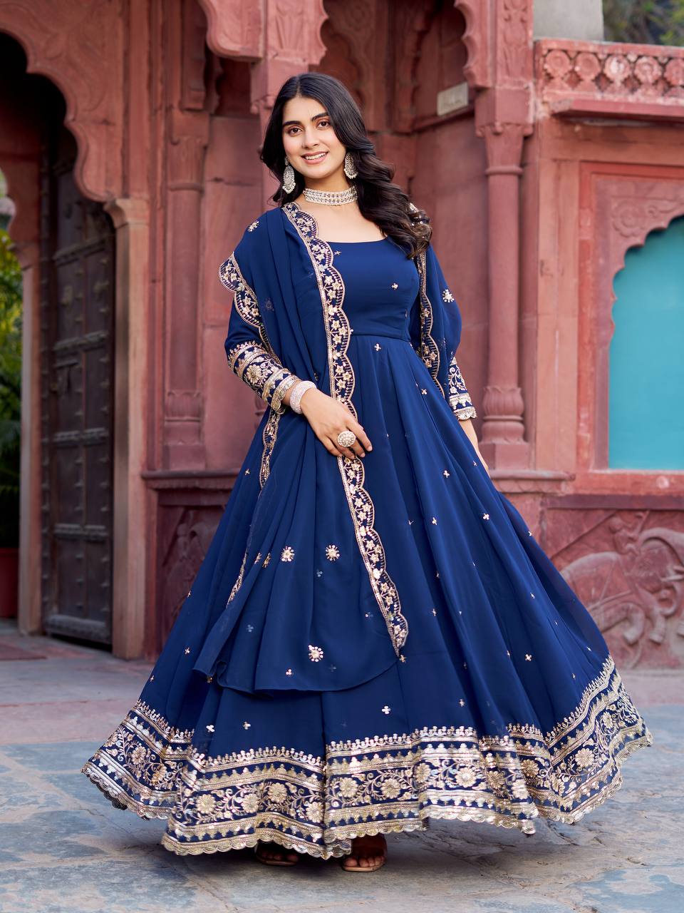 Trendy Faux Georgette Long Gown Set with Designer Dupatta and Pant - Image 6
