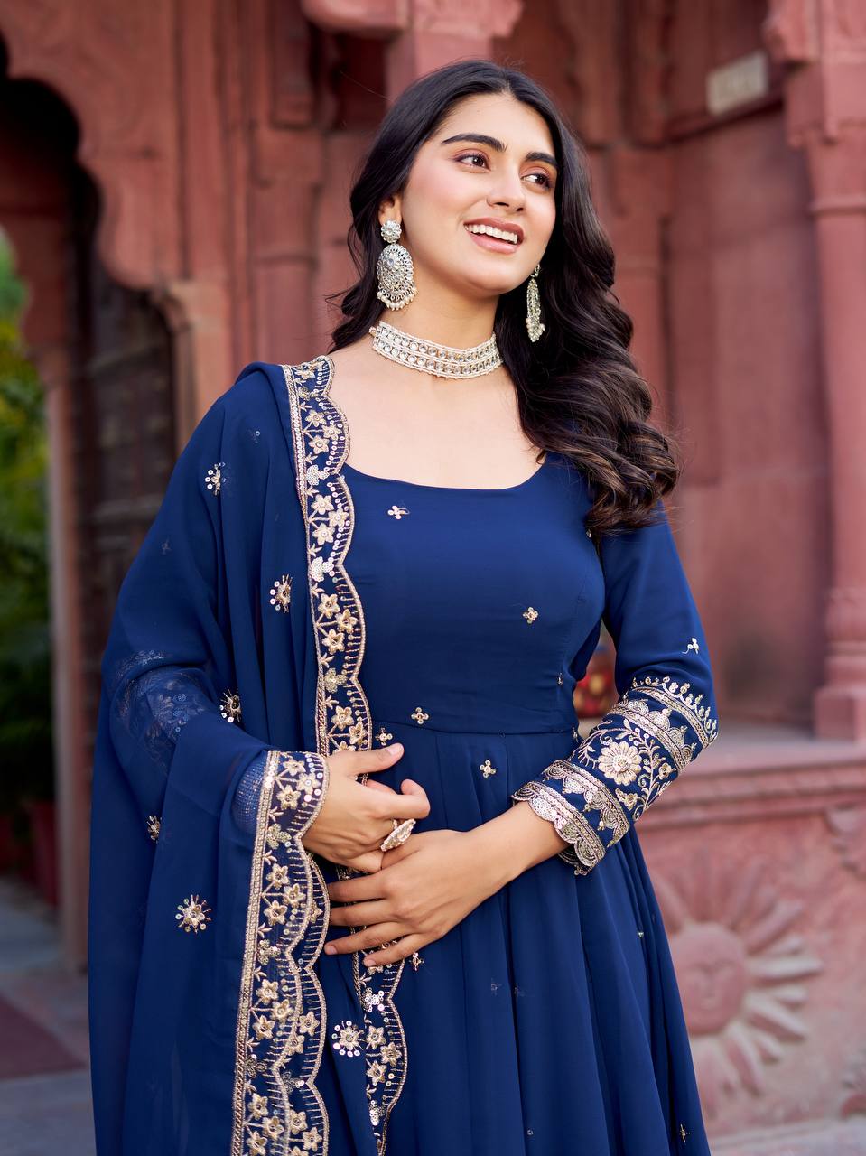 Trendy Faux Georgette Long Gown Set with Designer Dupatta and Pant - Image 7